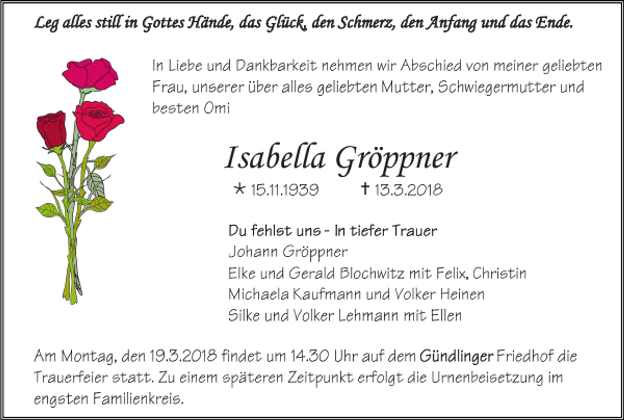 <p>Leg alles still in Gottes Hände, das Glück, den Schmerz, den Anfang und das Ende.</p><p>Isabella Gröppner<br /></p><p></p>