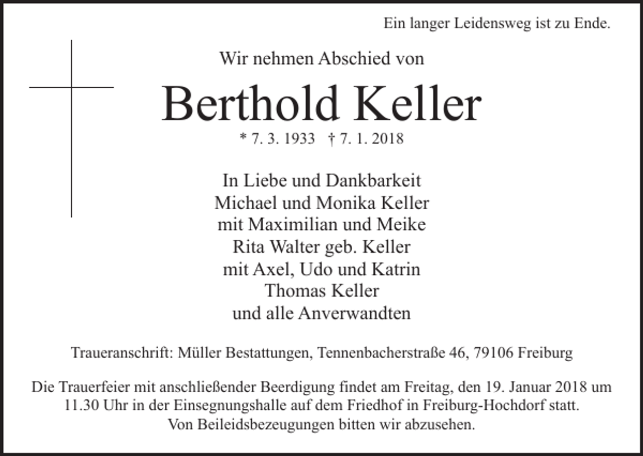 Berthold Keller | Traueranzeigen, Nachrufe & Danksagungen auf BZtrauer.de