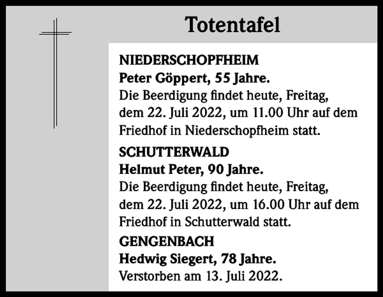 <p>Totentafel<br />Totentafel<br />NIEDERSCHOPFHEIM<br />Peter Göppert, 55 Jahre.<br />Die Beerdigung findet heute, Freitag,<br />dem 22. Juli 2022, um 11.00 Uhr auf dem<br />Friedhof in Niederschopfheim statt.<br />SCHUTTERWALD<br />Helmut Peter, 90 Jahre.<br />Die Beerdigung findet heute, Freitag,<br />dem 22. Juli 2022, um 16.00 Uhr auf dem<br />Friedhof in Schutterwald statt.<br />GENGENBACH<br />Hedwig Siegert, 78 Jahre.<br />Verstorben am 13. Juli 2022.</p>