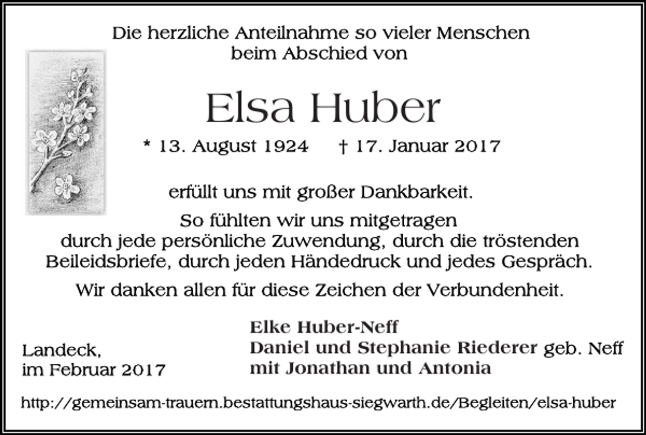 <p>Elsa Huber</p><p>Elke Huber-Neff<br />Daniel und Stephanie Riederer<br />mit Jonathan und Antonia</p>