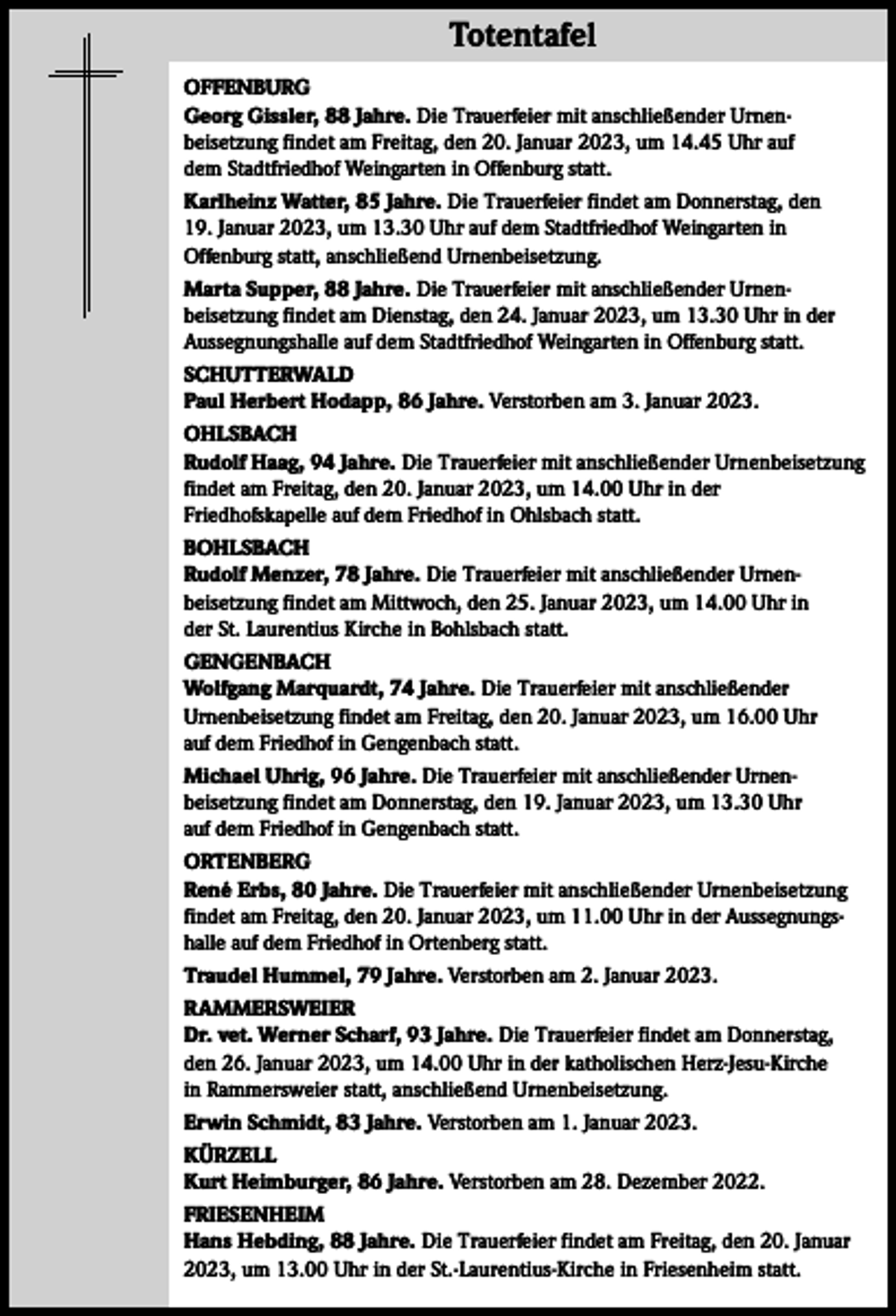 <p>Totentafel Totentafel<br />OFFENBURG<br />Georg Gissler, 88 Jahre. Die Trauerfeier mit anschließender Urnenbeisetzung findet am Freitag, den 20. Januar 2023, um 14.45 Uhr auf<br />dem Stadtfriedhof Weingarten in Offenburg statt.<br />Karlheinz Watter, 85 Jahre. Die Trauerfeier findet am Donnerstag, den<br />19. Januar 2023, um 13.30 Uhr auf dem Stadtfriedhof Weingarten in<br />Offenburg statt, anschließend Urnenbeisetzung.<br />Marta Supper, 88 Jahre. Die Trauerfeier mit anschließender Urnenbeisetzung findet am Dienstag, den 24. Januar 2023, um 13.30 Uhr in der<br />Aussegnungshalle auf dem Stadtfriedhof Weingarten in Offenburg statt.<br />SCHUTTERWALD<br />Paul Herbert Hodapp, 86 Jahre. Verstorben am 3. Januar 2023.<br />OHLSBACH<br />Rudolf Haag, 94 Jahre. Die Trauerfeier mit anschließender Urnenbeisetzung<br />findet am Freitag, den 20. Januar 2023, um 14.00 Uhr in der<br />Friedhofskapelle auf dem Friedhof in Ohlsbach statt.<br />BOHLSBACH<br />Rudolf Menzer, 78 Jahre. Die Trauerfeier mit anschließender Urnenbeisetzung findet am Mittwoch, den 25. Januar 2023, um 14.00 Uhr in<br />der St. Laurentius Kirche in Bohlsbach statt.<br />GENGENBACH<br />Wolfgang Marquardt, 74 Jahre. Die Trauerfeier mit anschließender<br />Urnenbeisetzung findet am Freitag, den 20. Januar 2023, um 16.00 Uhr<br />auf dem Friedhof in Gengenbach statt.<br />Michael Uhrig, 96 Jahre. Die Trauerfeier mit anschließender Urnenbeisetzung findet am Donnerstag, den 19. Januar 2023, um 13.30 Uhr<br />auf dem Friedhof in Gengenbach statt.<br />ORTENBERG<br />René Erbs, 80 Jahre. Die Trauerfeier mit anschließender Urnenbeisetzung<br />findet am Freitag, den 20. Januar 2023, um 11.00 Uhr in der Aussegnungshalle auf dem Friedhof in Ortenberg statt.<br />Traudel Hummel, 79 Jahre. Verstorben am 2. Januar 2023.<br />RAMMERSWEIER<br />Dr. vet. Werner Scharf, 93 Jahre. Die Trauerfeier findet am Donnerstag,<br />den 26. Januar 2023, um 14.00 Uhr in der katholischen Herz-Jesu-Kirche<br />in Rammersweier statt, anschließend Urnenbeisetzung.<br />Erwin Schmidt, 83 Jahre. Verstorben am 1. Januar 2023.<br />KÜRZELL<br />Kurt Heimburger, 86 Jahre. Verstorben am 28. Dezember 2022.<br />FRIESENHEIM<br />Hans Hebding, 88 Jahre. Die Trauerfeier findet am Freitag, den 20. Januar<br />2023, um 13.00 Uhr in der St.-Laurentius-Kirche in Friesenheim statt.</p>
