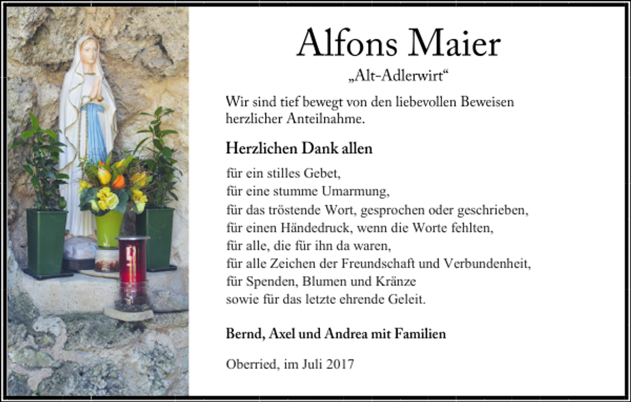 <p>für ein stilles Gebet,<br />für eine stumme Umarmung,<br />für das tröstende Wort, gesprochen oder geschrieben,<br />für einen Händedruck, wenn die Worte fehlten,<br />für alle, die für ihn da waren,<br />für alle Zeichen der Freundschaft und Verbundenheit,<br />für Spenden, Blumen und Kränze<br />sowie für das letzte ehrende Geleit.</p><p>Oberried, im Juli 2017</p>