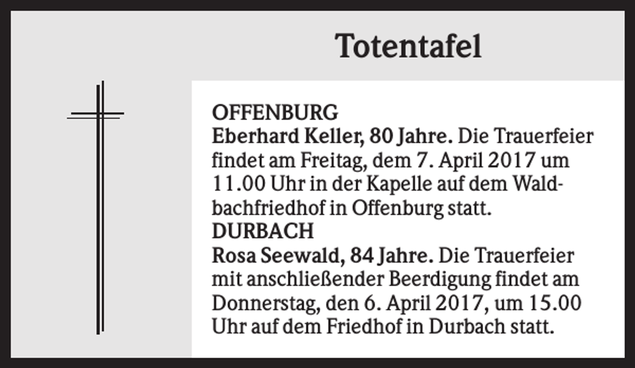 <p>Totentafel<br />OFFENBURG<br />Eberhard Keller, 80 Jahre. Die Trauerfeier<br />findet am Freitag, dem 7. April 2017 um<br />11.00 Uhr in der Kapelle auf dem Waldbachfriedhof in Offenburg statt.<br />DURBACH<br />Rosa Seewald, 84 Jahre. Die Trauerfeier<br />mit anschließender Beerdigung findet am<br />Donnerstag, den 6. April 2017, um 15.00<br />Uhr auf dem Friedhof in Durbach statt.</p>