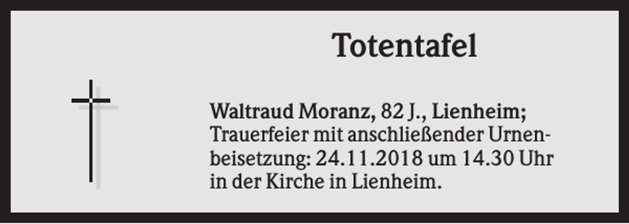 <p>Totentafel<br />Waltraud Moranz, 82 J., Lienheim;<br />Trauerfeier mit anschließender Urnenbeisetzung: 24.11.2018 um 14.30 Uhr<br />in der Kirche in Lienheim.</p>