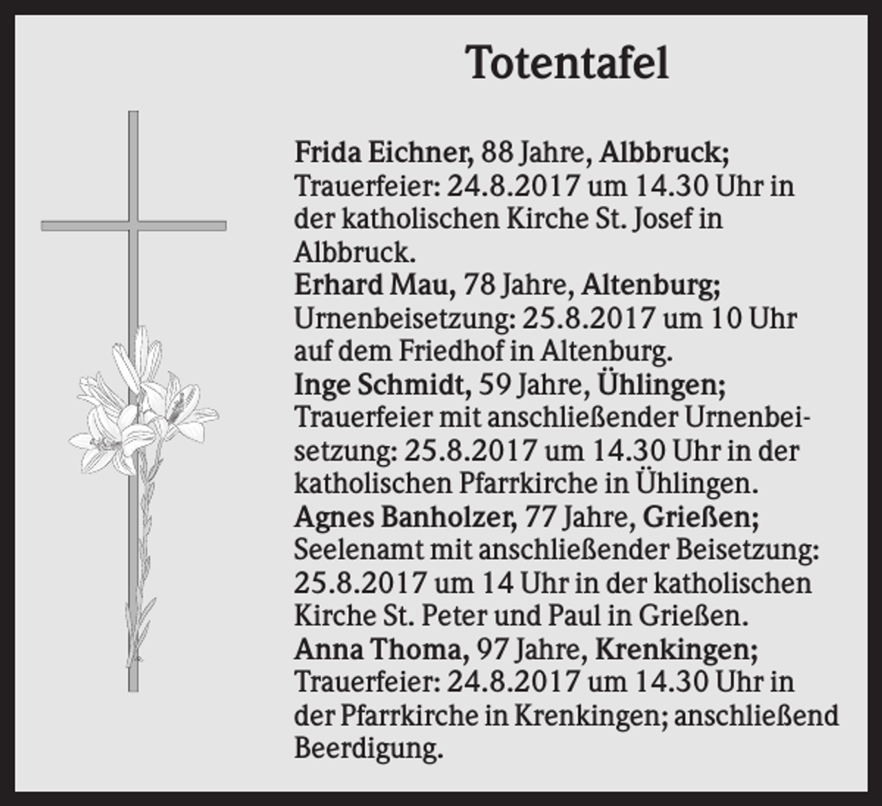 <p>Totentafel<br />Frida Eichner, 88 Jahre, Albbruck;<br />Trauerfeier: 24.8.2017 um 14.30 Uhr in<br />der katholischen Kirche St. Josef in<br />Albbruck.<br />Erhard Mau, 78 Jahre, Altenburg;<br />Urnenbeisetzung: 25.8.2017 um 10 Uhr<br />auf dem Friedhof in Altenburg.<br />Inge Schmidt, 59 Jahre, Ühlingen;<br />Trauerfeier mit anschließender Urnenbeisetzung: 25.8.2017 um 14.30 Uhr in der<br />katholischen Pfarrkirche in Ühlingen.<br />Agnes Banholzer, 77 Jahre, Grießen;<br />Seelenamt mit anschließender Beisetzung:<br />25.8.2017 um 14 Uhr in der katholischen<br />Kirche St. Peter und Paul in Grießen.<br />Anna Thoma, 97 Jahre, Krenkingen;<br />Trauerfeier: 24.8.2017 um 14.30 Uhr in<br />der Pfarrkirche in Krenkingen; anschließend<br />Beerdigung.</p>