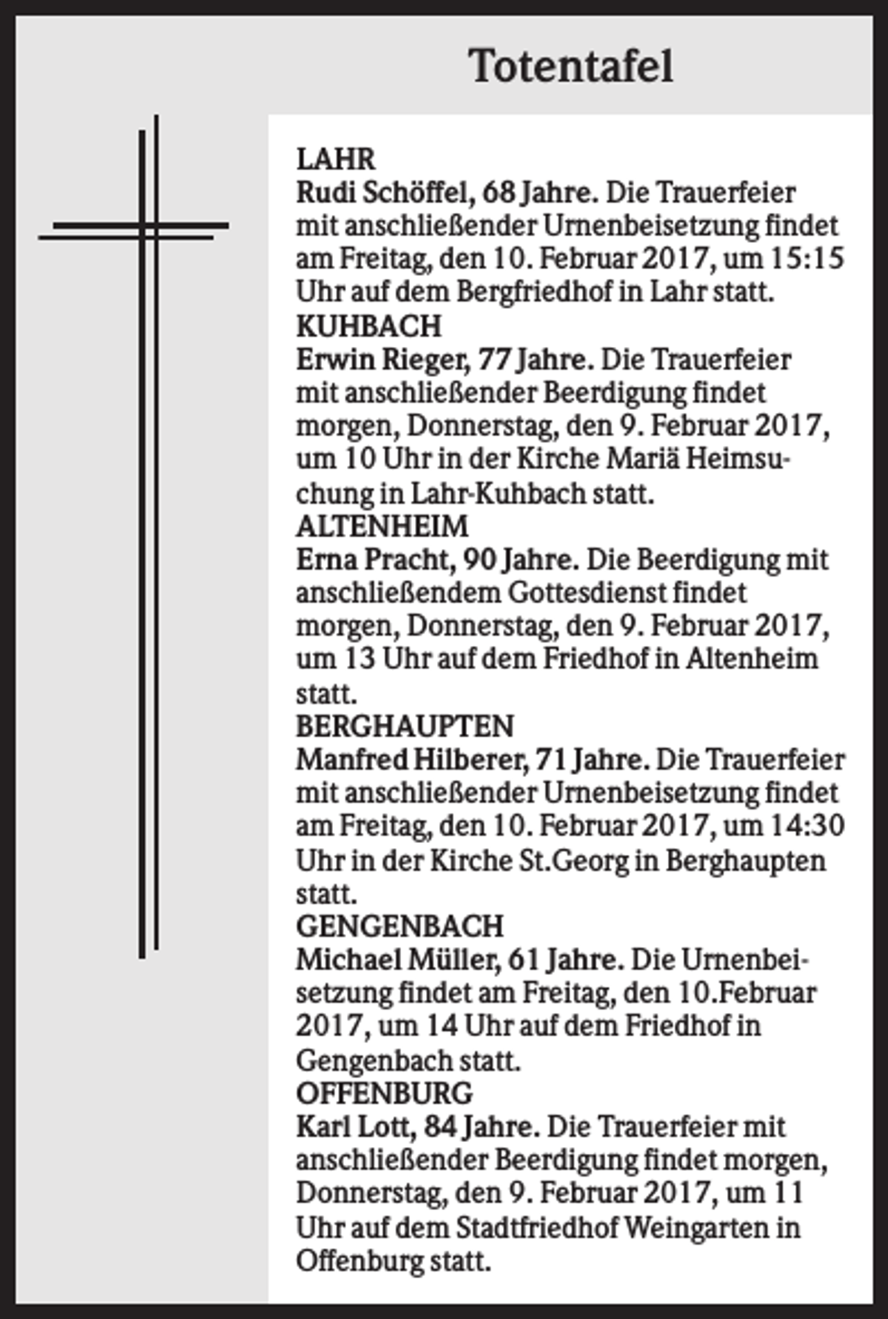 <p>Totentafel<br />LAHR<br />Rudi Schöffel, 68 Jahre. Die Trauerfeier<br />mit anschließender Urnenbeisetzung findet<br />am Freitag, den 10. Februar 2017, um 15:15<br />Uhr auf dem Bergfriedhof in Lahr statt.<br />KUHBACH<br />Erwin Rieger, 77 Jahre. Die Trauerfeier<br />mit anschließender Beerdigung findet<br />morgen, Donnerstag, den 9. Februar 2017,<br />um 10 Uhr in der Kirche Mariä Heimsuchung in Lahr-Kuhbach statt.<br />ALTENHEIM<br />Erna Pracht, 90 Jahre. Die Beerdigung mit<br />anschließendem Gottesdienst findet<br />morgen, Donnerstag, den 9. Februar 2017,<br />um 13 Uhr auf dem Friedhof in Altenheim<br />statt.<br />BERGHAUPTEN<br />Manfred Hilberer, 71 Jahre. Die Trauerfeier<br />mit anschließender Urnenbeisetzung findet<br />am Freitag, den 10. Februar 2017, um 14:30<br />Uhr in der Kirche St.Georg in Berghaupten<br />statt.<br />GENGENBACH<br />Michael Müller, 61 Jahre. Die Urnenbeisetzung findet am Freitag, den 10.Februar<br />2017, um 14 Uhr auf dem Friedhof in<br />Gengenbach statt.<br />OFFENBURG<br />Karl Lott, 84 Jahre. Die Trauerfeier mit<br />anschließender Beerdigung findet morgen,<br />Donnerstag, den 9. Februar 2017, um 11<br />Uhr auf dem Stadtfriedhof Weingarten in<br />Offenburg statt.</p>