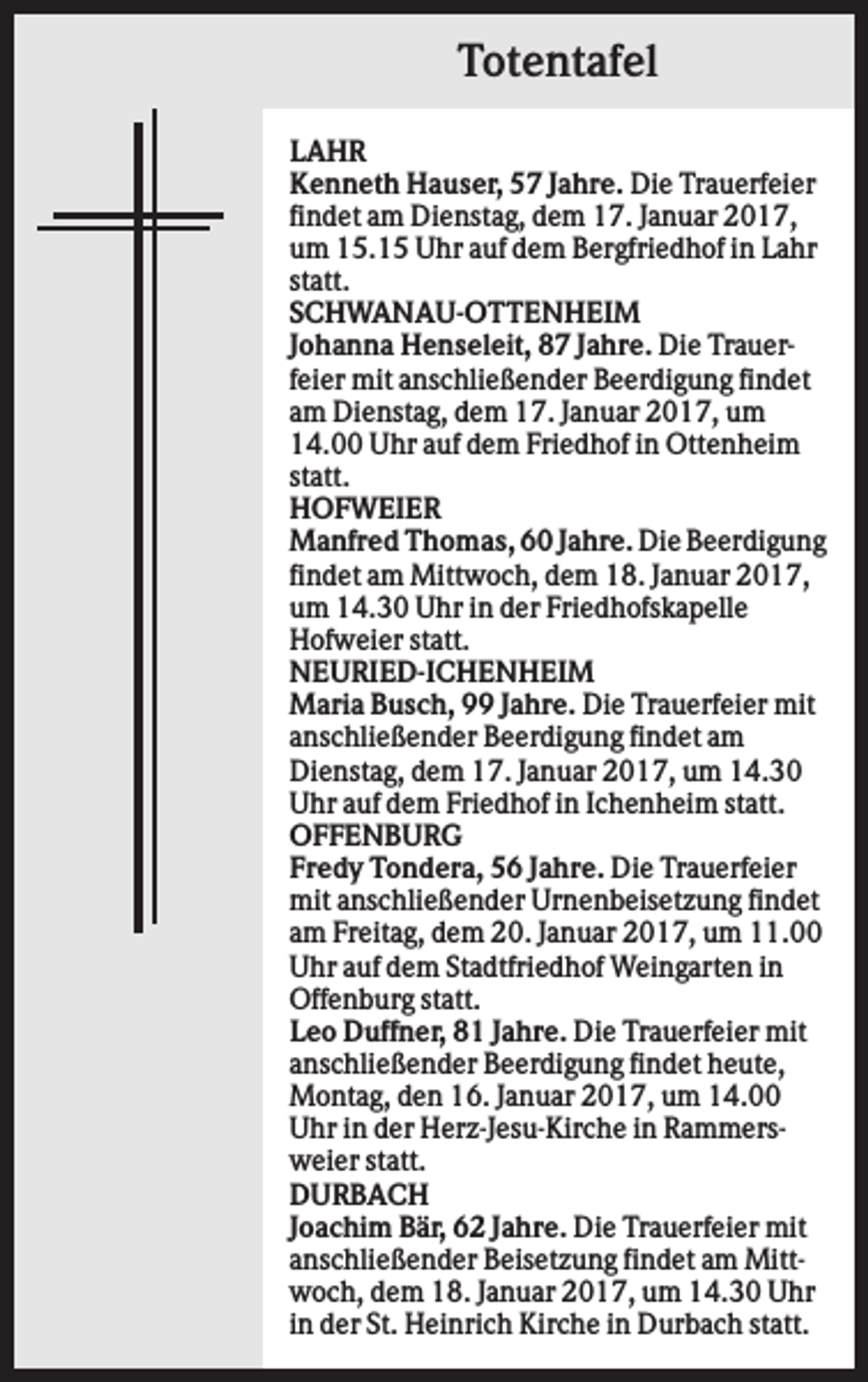 <p>Totentafel<br />LAHR<br />Kenneth Hauser, 57 Jahre. Die Trauerfeier<br />findet am Dienstag, dem 17. Januar 2017,<br />um 15.15 Uhr auf dem Bergfriedhof in Lahr<br />statt.<br />SCHWANAU-OTTENHEIM<br />Johanna Henseleit, 87 Jahre. Die Trauerfeier mit anschließender Beerdigung findet<br />am Dienstag, dem 17. Januar 2017, um<br />14.00 Uhr auf dem Friedhof in Ottenheim<br />statt.<br />HOFWEIER<br />Manfred Thomas, 60 Jahre. Die Beerdigung<br />findet am Mittwoch, dem 18. Januar 2017,<br />um 14.30 Uhr in der Friedhofskapelle<br />Hofweier statt.<br />NEURIED-ICHENHEIM<br />Maria Busch, 99 Jahre. Die Trauerfeier mit<br />anschließender Beerdigung findet am<br />Dienstag, dem 17. Januar 2017, um 14.30<br />Uhr auf dem Friedhof in Ichenheim statt.<br />OFFENBURG<br />Fredy Tondera, 56 Jahre. Die Trauerfeier<br />mit anschließender Urnenbeisetzung findet<br />am Freitag, dem 20. Januar 2017, um 11.00<br />Uhr auf dem Stadtfriedhof Weingarten in<br />Offenburg statt.<br />Leo Duffner, 81 Jahre. Die Trauerfeier mit<br />anschließender Beerdigung findet heute,<br />Montag, den 16. Januar 2017, um 14.00<br />Uhr in der Herz-Jesu-Kirche in Rammersweier statt.<br />DURBACH<br />Joachim Bär, 62 Jahre. Die Trauerfeier mit<br />anschließender Beisetzung findet am Mittwoch, dem 18. Januar 2017, um 14.30 Uhr<br />in der St. Heinrich Kirche in Durbach statt.</p>