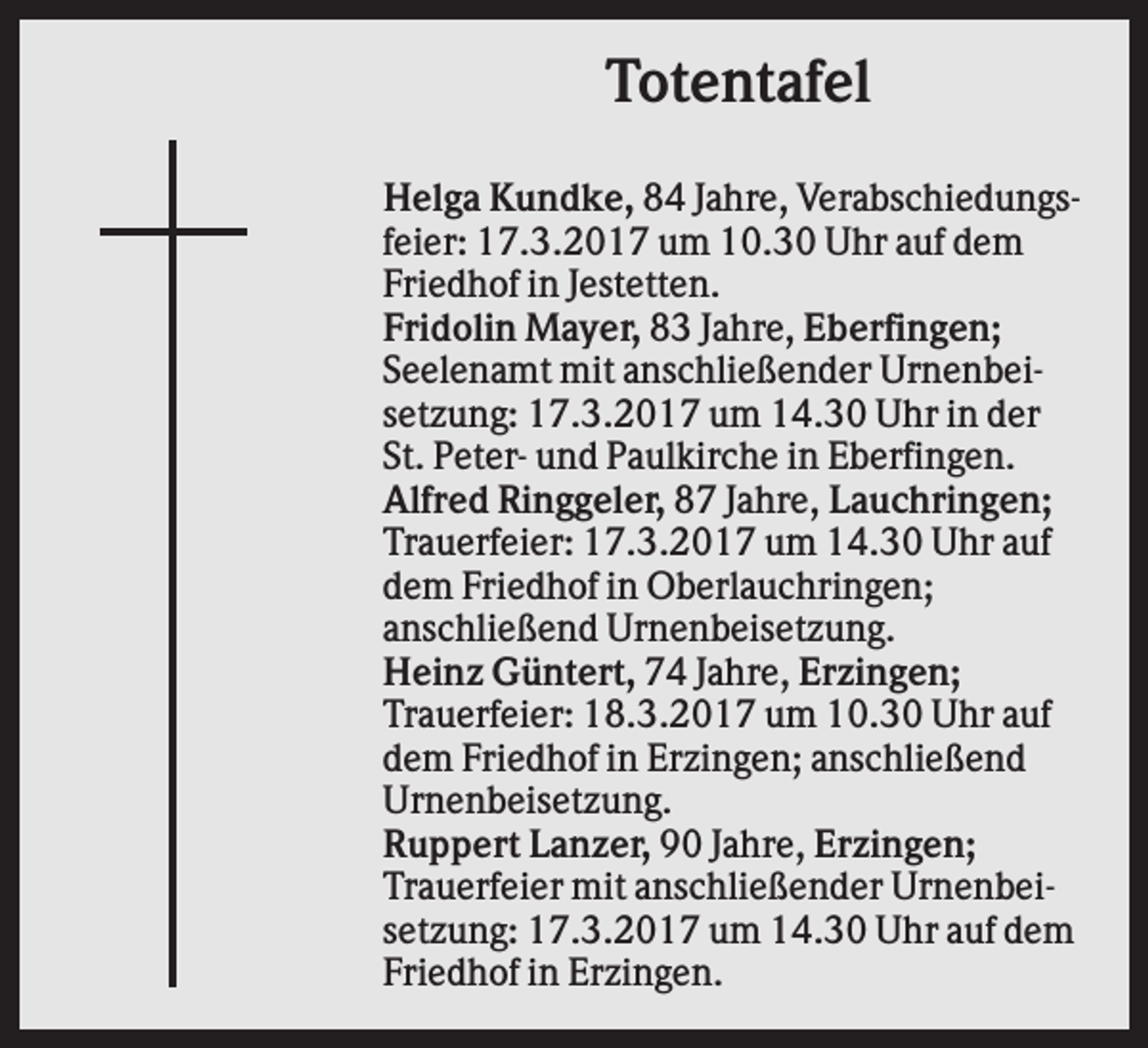 <p>Totentafel<br />Helga Kundke, 84 Jahre, Verabschiedungsfeier: 17.3.2017 um 10.30 Uhr auf dem<br />Friedhof in Jestetten.<br />Fridolin Mayer, 83 Jahre, Eberfingen;<br />Seelenamt mit anschließender Urnenbeisetzung: 17.3.2017 um 14.30 Uhr in der<br />St. Peter- und Paulkirche in Eberfingen.<br />Alfred Ringgeler, 87 Jahre, Lauchringen;<br />Trauerfeier: 17.3.2017 um 14.30 Uhr auf<br />dem Friedhof in Oberlauchringen;<br />anschließend Urnenbeisetzung.<br />Heinz Güntert, 74 Jahre, Erzingen;<br />Trauerfeier: 18.3.2017 um 10.30 Uhr auf<br />dem Friedhof in Erzingen; anschließend<br />Urnenbeisetzung.<br />Ruppert Lanzer, 90 Jahre, Erzingen;<br />Trauerfeier mit anschließender Urnenbeisetzung: 17.3.2017 um 14.30 Uhr auf dem<br />Friedhof in Erzingen.</p>