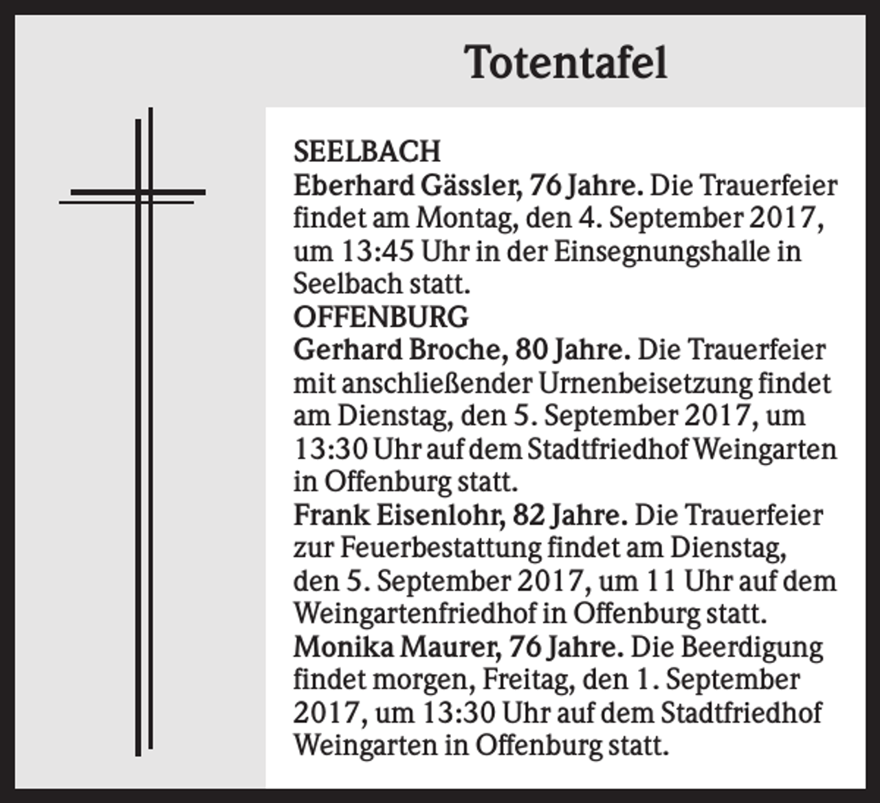 <p>Totentafel<br />SEELBACH<br />Eberhard Gässler, 76 Jahre. Die Trauerfeier<br />findet am Montag, den 4. September 2017,<br />um 13:45 Uhr in der Einsegnungshalle in<br />Seelbach statt.<br />OFFENBURG<br />Gerhard Broche, 80 Jahre. Die Trauerfeier<br />mit anschließender Urnenbeisetzung findet<br />am Dienstag, den 5. September 2017, um<br />13:30 Uhr auf dem Stadtfriedhof Weingarten<br />in Offenburg statt.<br />Frank Eisenlohr, 82 Jahre. Die Trauerfeier<br />zur Feuerbestattung findet am Dienstag,<br />den 5. September 2017, um 11 Uhr auf dem<br />Weingartenfriedhof in Offenburg statt.<br />Monika Maurer, 76 Jahre. Die Beerdigung<br />findet morgen, Freitag, den 1. September<br />2017, um 13:30 Uhr auf dem Stadtfriedhof<br />Weingarten in Offenburg statt.</p>