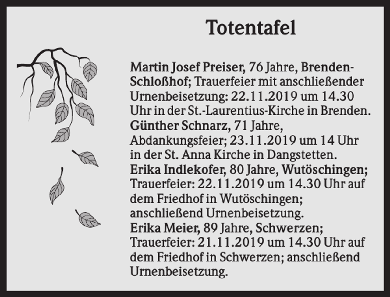 <p>Totentafel<br />Martin Josef Preiser, 76 Jahre, BrendenSchloßhof; Trauerfeier mit anschließender<br />Urnenbeisetzung: 22.11.2019 um 14.30<br />Uhr in der St.-Laurentius-Kirche in Brenden.<br />Günther Schnarz, 71 Jahre,<br />Abdankungsfeier; 23.11.2019 um 14 Uhr<br />in der St. Anna Kirche in Dangstetten.<br />Erika Indlekofer, 80 Jahre, Wutöschingen;<br />Trauerfeier: 22.11.2019 um 14.30 Uhr auf<br />dem Friedhof in Wutöschingen;<br />anschließend Urnenbeisetzung.<br />Erika Meier, 89 Jahre, Schwerzen;<br />Trauerfeier: 21.11.2019 um 14.30 Uhr auf<br />dem Friedhof in Schwerzen; anschließend<br />Urnenbeisetzung.</p>