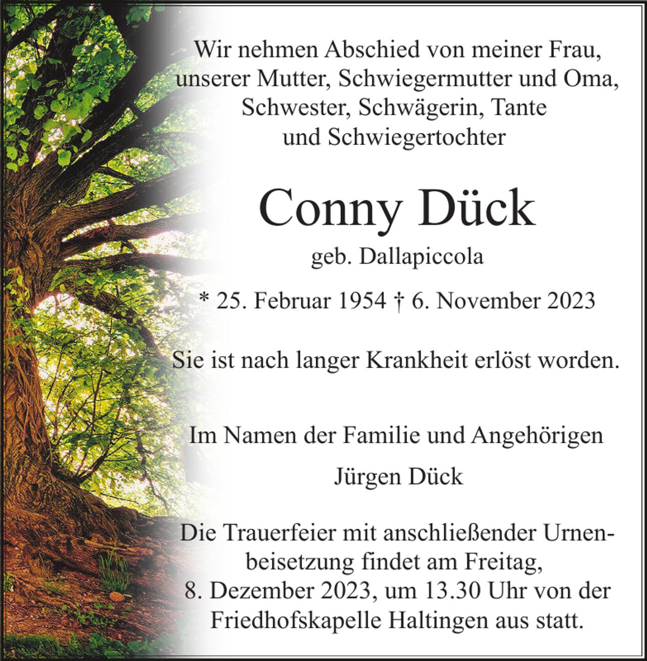 <p>Wir nehmen Abschied von meiner Frau,<br />unserer Mutter, Schwiegermutter und Oma,<br />Schwester, Schwägerin, Tante<br />und Schwiegertochter</p><p>Conny Dück<br />geb. Dallapiccola<br />* 25. Februar 1954 † 6. November 2023</p><p>Sie ist nach langer Krankheit erlöst worden.<br />Im Namen der Familie und Angehörigen<br />Jürgen Dück<br />Die Trauerfeier mit anschließender Urnenbeisetzung findet am Freitag,<br />8. Dezember 2023, um 13.30 Uhr von der<br />Friedhofskapelle Haltingen aus statt.</p>