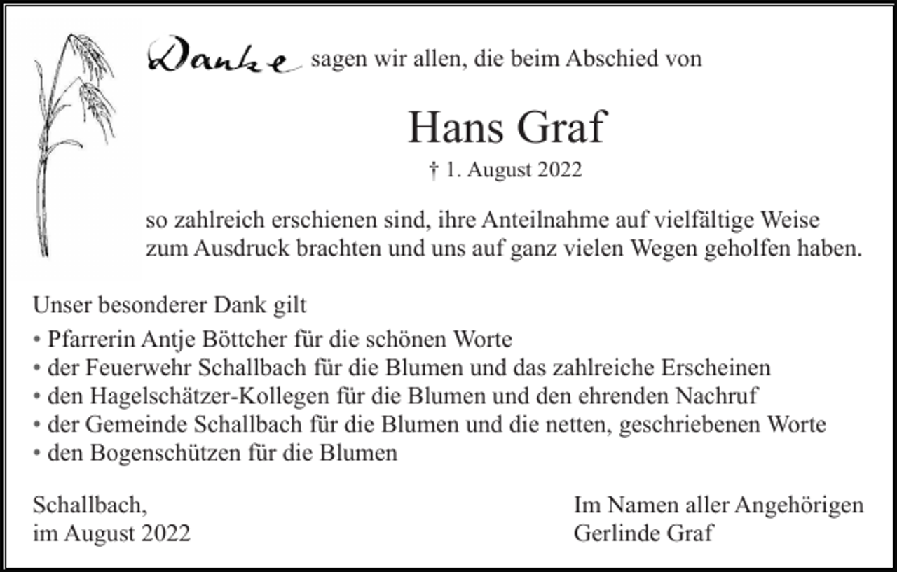 <p>sagen wir allen, die beim Abschied von</p><p>Hans Graf<br />† 1. August 2022</p><p>so zahlreich erschienen sind, ihre Anteilnahme auf vielfältige Weise<br />zum Ausdruck brachten und uns auf ganz vielen Wegen geholfen haben.<br />Unser besonderer Dank gilt<br />• Pfarrerin Antje Böttcher für die schönen Worte<br />• der Feuerwehr Schallbach für die Blumen und das zahlreiche Erscheinen<br />• den Hagelschätzer-Kollegen für die Blumen und den ehrenden Nachruf<br />• der Gemeinde Schallbach für die Blumen und die netten, geschriebenen Worte<br />• den Bogenschützen für die Blumen<br />Schallbach,<br />im August 2022</p><p>Im Namen aller Angehörigen<br />Gerlinde Graf</p>