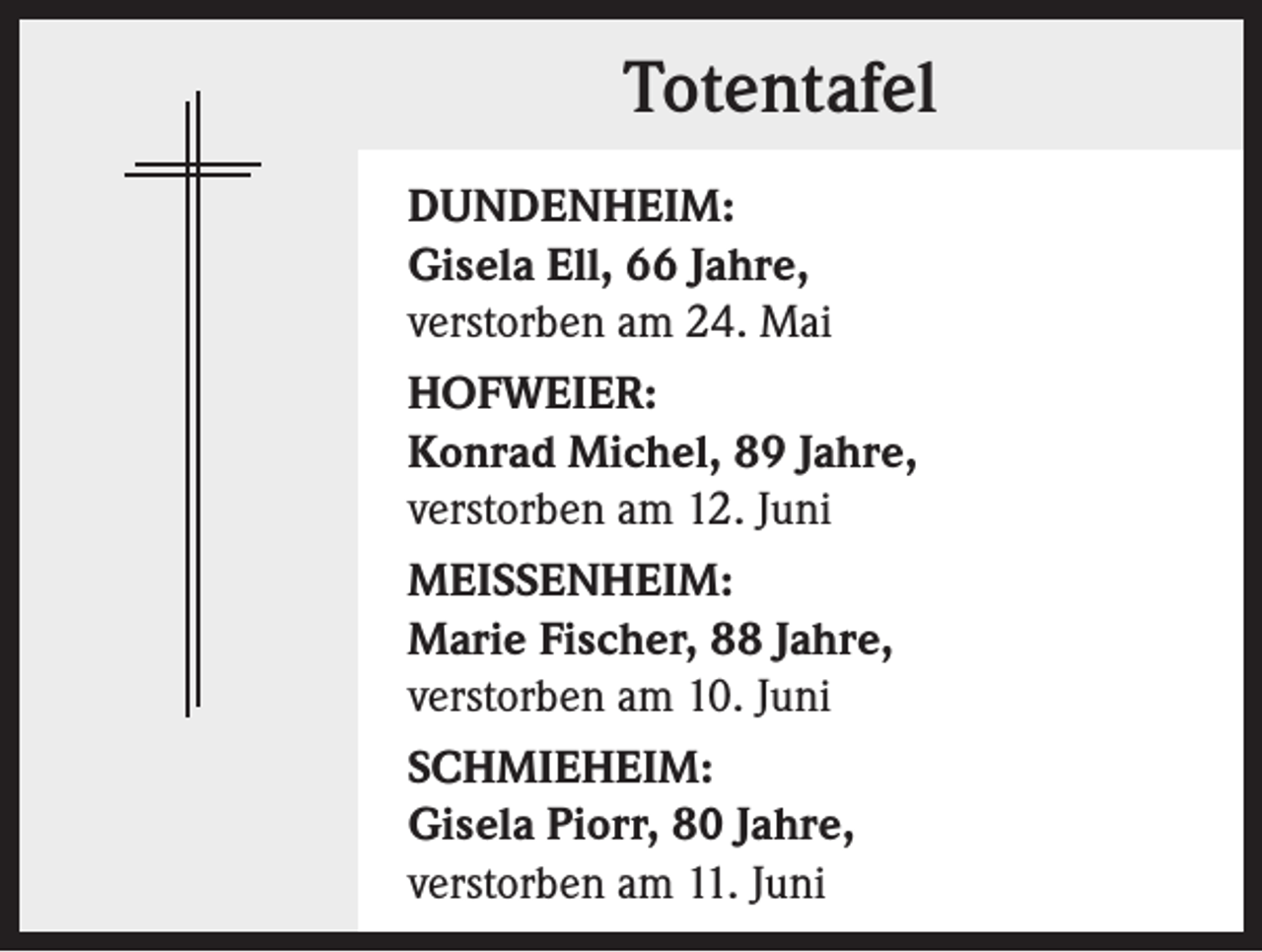 <p>Totentafel<br />DUNDENHEIM:<br />Gisela Ell, 66 Jahre,<br />verstorben am 24. Mai<br />HOFWEIER:<br />Konrad Michel, 89 Jahre,<br />verstorben am 12. Juni<br />MEISSENHEIM:<br />Marie Fischer, 88 Jahre,<br />verstorben am 10. Juni<br />SCHMIEHEIM:<br />Gisela Piorr, 80 Jahre,<br />verstorben am 11. Juni</p>