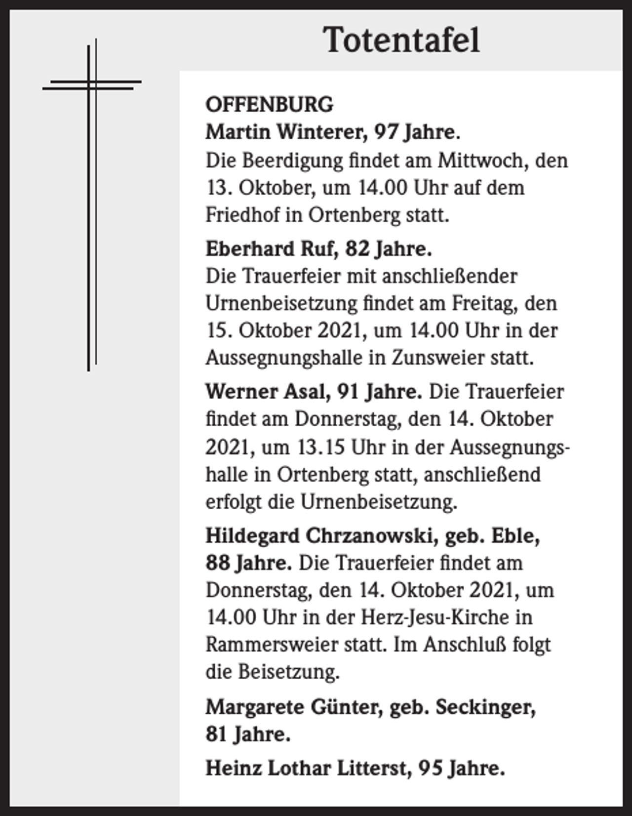 <p>Totentafel<br />Totentafel<br />OFFENBURG<br />Martin Winterer, 97 Jahre.<br />Die Beerdigung findet am Mittwoch, den<br />13. Oktober, um 14.00 Uhr auf dem<br />Friedhof in Ortenberg statt.<br />Eberhard Ruf, 82 Jahre.<br />Die Trauerfeier mit anschließender<br />Urnenbeisetzung findet am Freitag, den<br />15. Oktober 2021, um 14.00 Uhr in der<br />Aussegnungshalle in Zunsweier statt.<br />Werner Asal, 91 Jahre. Die Trauerfeier<br />findet am Donnerstag, den 14. Oktober<br />2021, um 13.15 Uhr in der Aussegnungshalle in Ortenberg statt, anschließend<br />erfolgt die Urnenbeisetzung.<br />Hildegard Chrzanowski, geb. Eble,<br />88 Jahre. Die Trauerfeier findet am<br />Donnerstag, den 14. Oktober 2021, um<br />14.00 Uhr in der Herz-Jesu-Kirche in<br />Rammersweier statt. Im Anschluß folgt<br />die Beisetzung.<br />Margarete Günter, geb. Seckinger,<br />81 Jahre.<br />Heinz Lothar Litterst, 95 Jahre.</p>