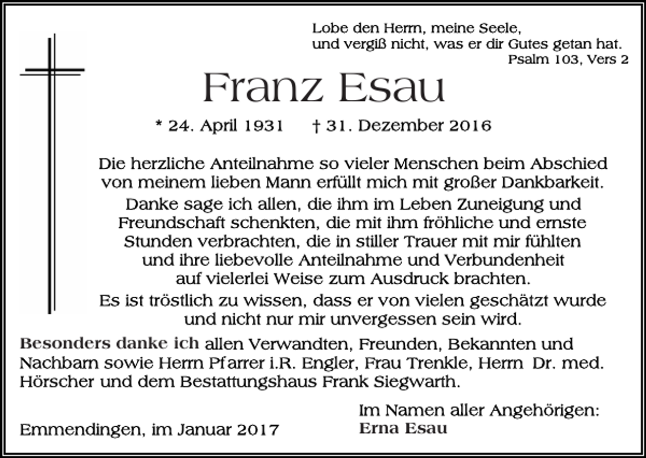 <p>Franz Esau</p><p>Besonders danke ich</p><p>Erna Esau</p>