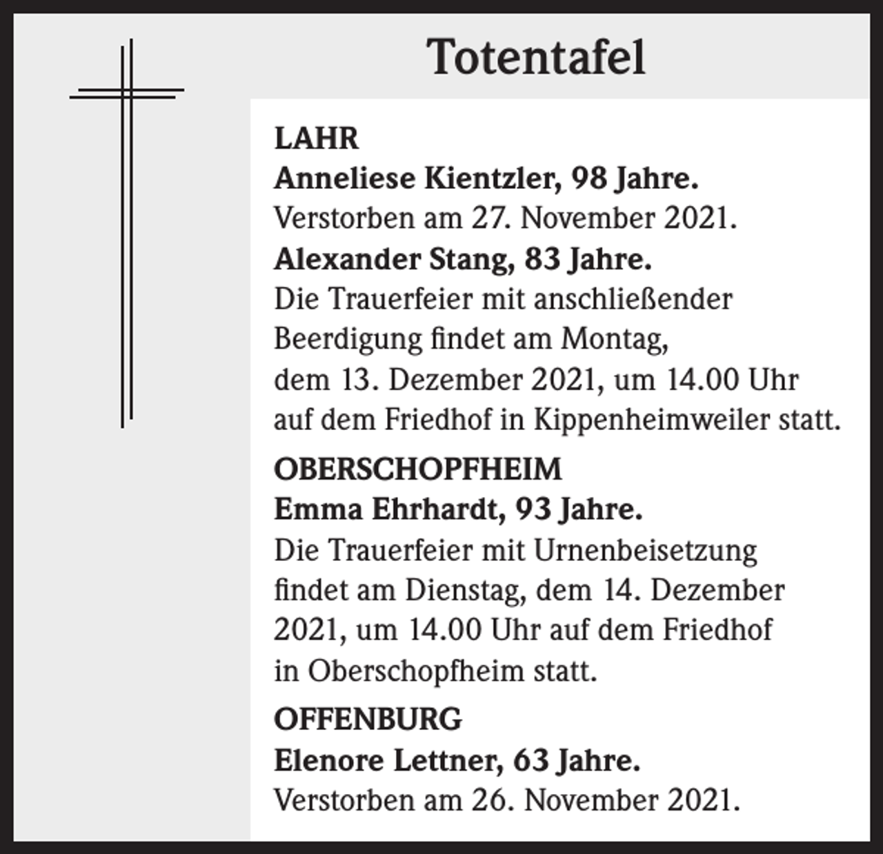 <p>Totentafel<br />Totentafel<br />LAHR<br />Anneliese Kientzler, 98 Jahre.<br />Verstorben am 27. November 2021.<br />Alexander Stang, 83 Jahre.<br />Die Trauerfeier mit anschließender<br />Beerdigung findet am Montag,<br />dem 13. Dezember 2021, um 14.00 Uhr<br />auf dem Friedhof in Kippenheimweiler statt.<br />OBERSCHOPFHEIM<br />Emma Ehrhardt, 93 Jahre.<br />Die Trauerfeier mit Urnenbeisetzung<br />findet am Dienstag, dem 14. Dezember<br />2021, um 14.00 Uhr auf dem Friedhof<br />in Oberschopfheim statt.<br />OFFENBURG<br />Elenore Lettner, 63 Jahre.<br />Verstorben am 26. November 2021.</p>