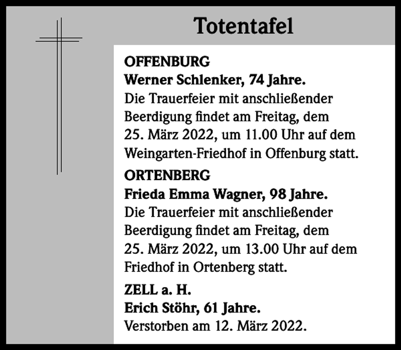 <p>Totentafel<br />Totentafel<br />OFFENBURG<br />Werner Schlenker, 74 Jahre.<br />Die Trauerfeier mit anschließender<br />Beerdigung findet am Freitag, dem<br />25. März 2022, um 11.00 Uhr auf dem<br />Weingarten-Friedhof in Offenburg statt.<br />ORTENBERG<br />Frieda Emma Wagner, 98 Jahre.<br />Die Trauerfeier mit anschließender<br />Beerdigung findet am Freitag, dem<br />25. März 2022, um 13.00 Uhr auf dem<br />Friedhof in Ortenberg statt.<br />ZELL a. H.<br />Erich Stöhr, 61 Jahre.<br />Verstorben am 12. März 2022.</p>