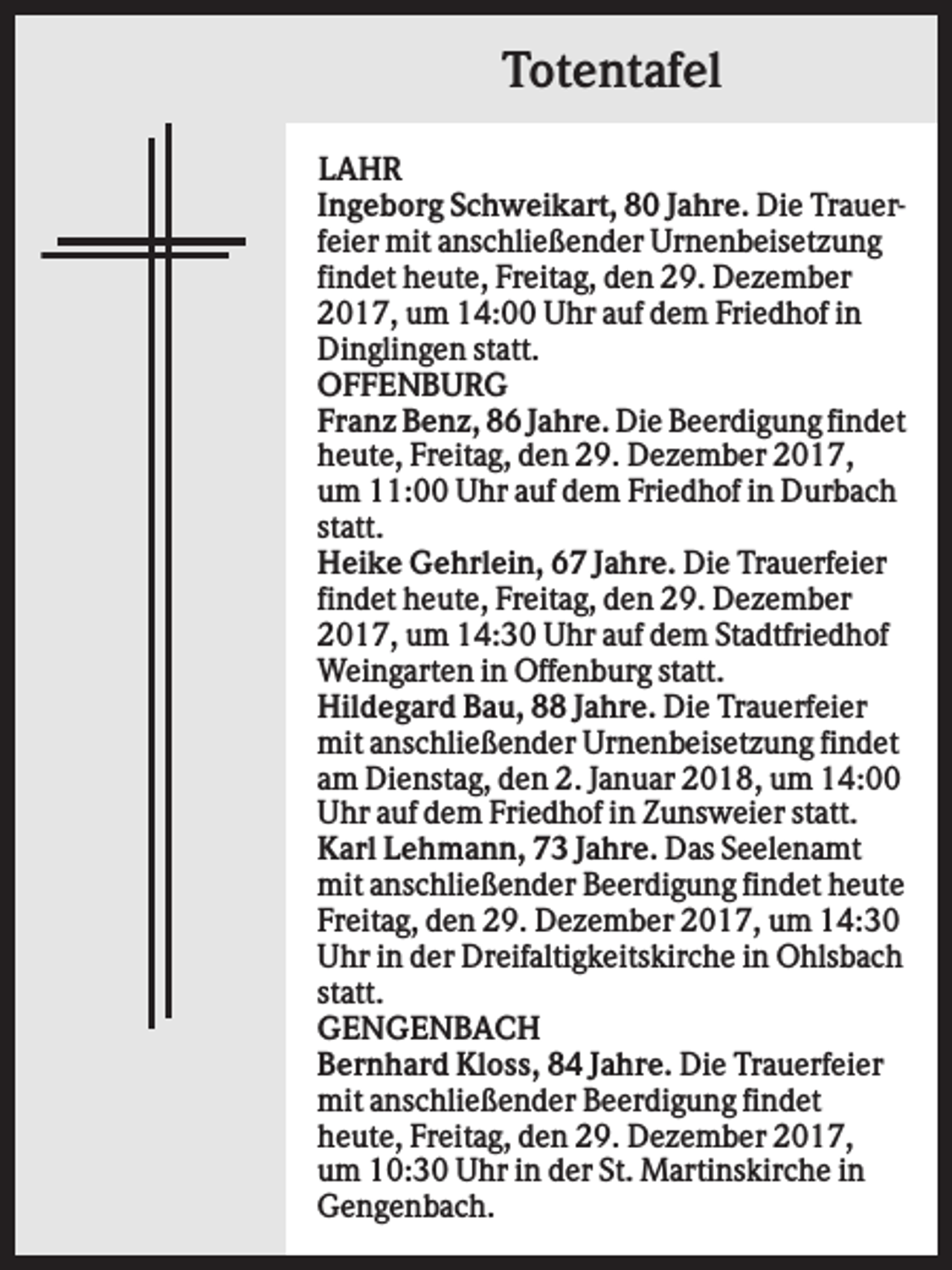 <p>Totentafel<br />LAHR<br />Ingeborg Schweikart, 80 Jahre. Die Trauerfeier mit anschließender Urnenbeisetzung<br />findet heute, Freitag, den 29. Dezember<br />2017, um 14:00 Uhr auf dem Friedhof in<br />Dinglingen statt.<br />OFFENBURG<br />Franz Benz, 86 Jahre. Die Beerdigung findet<br />heute, Freitag, den 29. Dezember 2017,<br />um 11:00 Uhr auf dem Friedhof in Durbach<br />statt.<br />Heike Gehrlein, 67 Jahre. Die Trauerfeier<br />findet heute, Freitag, den 29. Dezember<br />2017, um 14:30 Uhr auf dem Stadtfriedhof<br />Weingarten in Offenburg statt.<br />Hildegard Bau, 88 Jahre. Die Trauerfeier<br />mit anschließender Urnenbeisetzung findet<br />am Dienstag, den 2. Januar 2018, um 14:00<br />Uhr auf dem Friedhof in Zunsweier statt.<br />Karl Lehmann, 73 Jahre. Das Seelenamt<br />mit anschließender Beerdigung findet heute<br />Freitag, den 29. Dezember 2017, um 14:30<br />Uhr in der Dreifaltigkeitskirche in Ohlsbach<br />statt.<br />GENGENBACH<br />Bernhard Kloss, 84 Jahre. Die Trauerfeier<br />mit anschließender Beerdigung findet<br />heute, Freitag, den 29. Dezember 2017,<br />um 10:30 Uhr in der St. Martinskirche in<br />Gengenbach.</p>