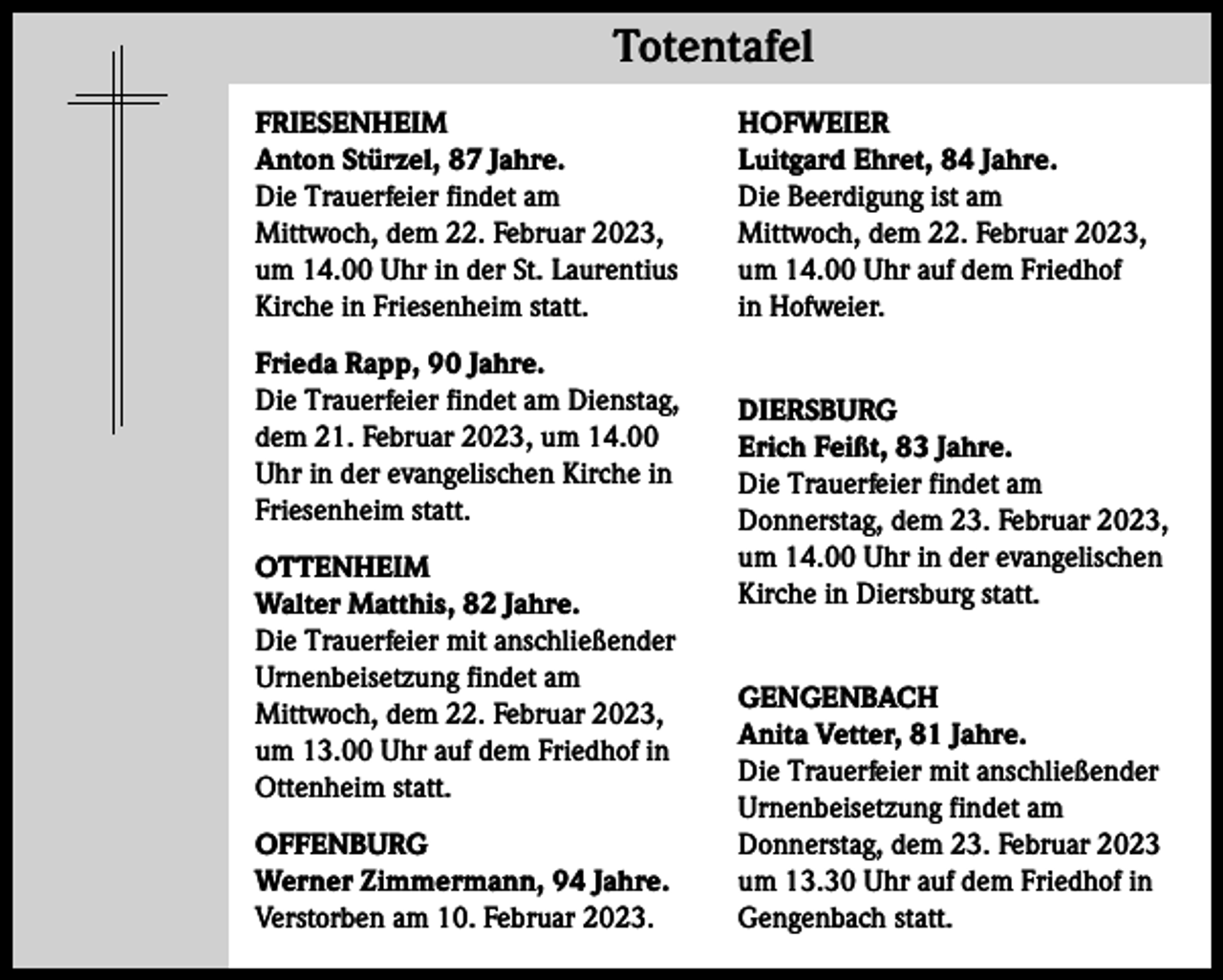 <p>Totentafel Totentafel<br />FRIESENHEIM<br />Anton Stürzel, 87 Jahre.<br />Die Trauerfeier findet am<br />Mittwoch, dem 22. Februar 2023,<br />um 14.00 Uhr in der St. Laurentius<br />Kirche in Friesenheim statt.<br />Frieda Rapp, 90 Jahre.<br />Die Trauerfeier findet am Dienstag,<br />dem 21. Februar 2023, um 14.00<br />Uhr in der evangelischen Kirche in<br />Friesenheim statt.<br />OTTENHEIM<br />Walter Matthis, 82 Jahre.<br />Die Trauerfeier mit anschließender<br />Urnenbeisetzung findet am<br />Mittwoch, dem 22. Februar 2023,<br />um 13.00 Uhr auf dem Friedhof in<br />Ottenheim statt.<br />OFFENBURG<br />Werner Zimmermann, 94 Jahre.<br />Verstorben am 10. Februar 2023.</p><p>HOFWEIER<br />Luitgard Ehret, 84 Jahre.<br />Die Beerdigung ist am<br />Mittwoch, dem 22. Februar 2023,<br />um 14.00 Uhr auf dem Friedhof<br />in Hofweier.<br />DIERSBURG<br />Erich Feißt, 83 Jahre.<br />Die Trauerfeier findet am<br />Donnerstag, dem 23. Februar 2023,<br />um 14.00 Uhr in der evangelischen<br />Kirche in Diersburg statt.<br />GENGENBACH<br />Anita Vetter, 81 Jahre.<br />Die Trauerfeier mit anschließender<br />Urnenbeisetzung findet am<br />Donnerstag, dem 23. Februar 2023<br />um 13.30 Uhr auf dem Friedhof in<br />Gengenbach statt.</p>