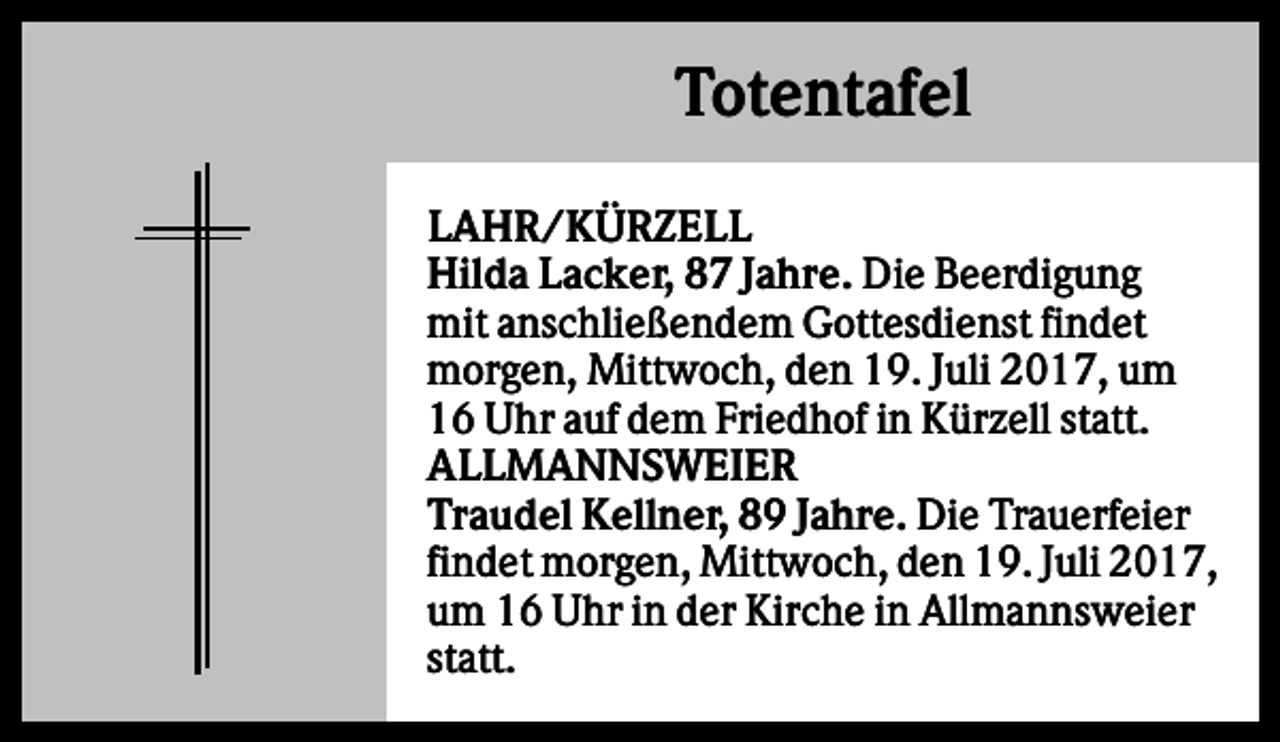 <p>Totentafel<br />LAHR/KÜRZELL<br />Hilda Lacker, 87 Jahre. Die Beerdigung<br />mit anschließendem Gottesdienst findet<br />morgen, Mittwoch, den 19. Juli 2017, um<br />16 Uhr auf dem Friedhof in Kürzell statt.<br />ALLMANNSWEIER<br />Traudel Kellner, 89 Jahre. Die Trauerfeier<br />findet morgen, Mittwoch, den 19. Juli 2017,<br />um 16 Uhr in der Kirche in Allmannsweier<br />statt.</p>