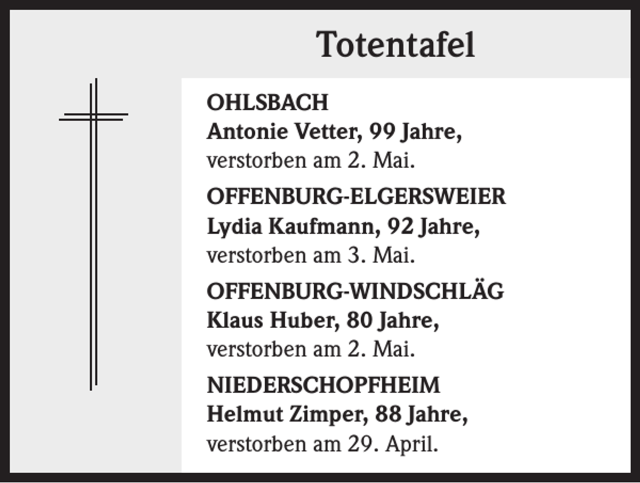 <p>Totentafel<br />OHLSBACH<br />Antonie Vetter, 99 Jahre,<br />verstorben am 2. Mai.<br />OFFENBURG-ELGERSWEIER<br />Lydia Kaufmann, 92 Jahre,<br />verstorben am 3. Mai.<br />OFFENBURG-WINDSCHLÄG<br />Klaus Huber, 80 Jahre,<br />verstorben am 2. Mai.<br />NIEDERSCHOPFHEIM<br />Helmut Zimper, 88 Jahre,<br />verstorben am 29. April.</p>