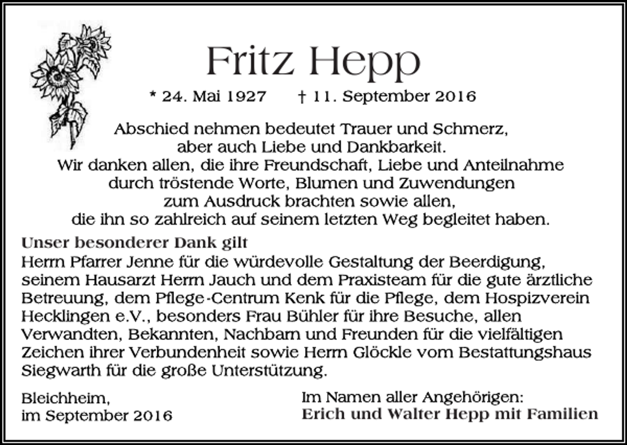 <p>Fritz Hepp</p><p>Unser besonderer Dank gilt</p><p>Erich und Walter Hepp mit Familien</p>