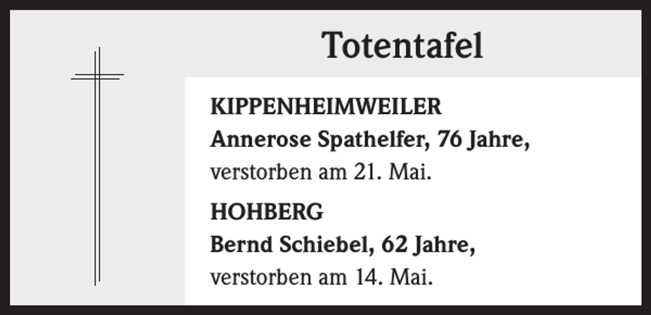 <p>Totentafel<br />KIPPENHEIMWEILER<br />Annerose Spathelfer, 76 Jahre,<br />verstorben am 21. Mai.<br />HOHBERG<br />Bernd Schiebel, 62 Jahre,<br />verstorben am 14. Mai.</p>