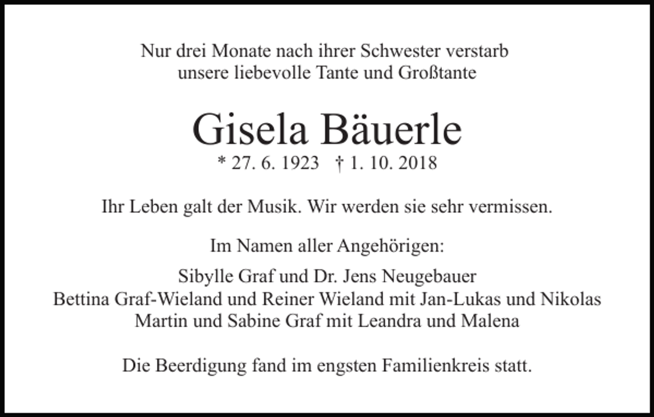 <p>Nur drei Monate nach ihrer Schwester verstarb<br />unsere liebevolle Tante und Großtante</p><p>Gisela Bäuerle<br />* 27. 6. 1923 † 1. 10. 2018</p><p>Ihr Leben galt der Musik. Wir werden sie sehr vermissen.<br />Im Namen aller Angehörigen:<br />Sibylle Graf und Dr. Jens Neugebauer<br />Bettina Graf-Wieland und Reiner Wieland mit Jan-Lukas und Nikolas<br />Martin und Sabine Graf mit Leandra und Malena<br />Die Beerdigung fand im engsten Familienkreis statt.</p>
