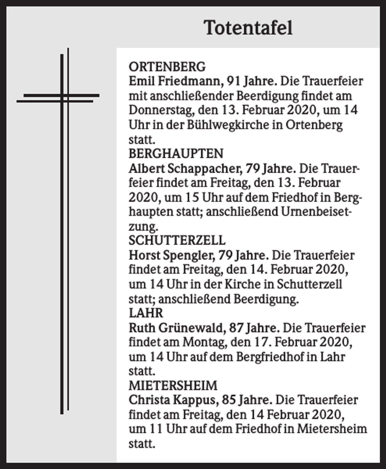 <p>Totentafel<br />ORTENBERG<br />Emil Friedmann, 91 Jahre. Die Trauerfeier<br />mit anschließender Beerdigung findet am<br />Donnerstag, den 13. Februar 2020, um 14<br />Uhr in der Bühlwegkirche in Ortenberg<br />statt.<br />BERGHAUPTEN<br />Albert Schappacher, 79 Jahre. Die Trauerfeier findet am Freitag, den 13. Februar<br />2020, um 15 Uhr auf dem Friedhof in Berghaupten statt; anschließend Urnenbeisetzung.<br />SCHUTTERZELL<br />Horst Spengler, 79 Jahre. Die Trauerfeier<br />findet am Freitag, den 14. Februar 2020,<br />um 14 Uhr in der Kirche in Schutterzell<br />statt; anschließend Beerdigung.<br />LAHR<br />Ruth Grünewald, 87 Jahre. Die Trauerfeier<br />findet am Montag, den 17. Februar 2020,<br />um 14 Uhr auf dem Bergfriedhof in Lahr<br />statt.<br />MIETERSHEIM<br />Christa Kappus, 85 Jahre. Die Trauerfeier<br />findet am Freitag, den 14 Februar 2020,<br />um 11 Uhr auf dem Friedhof in Mietersheim<br />statt.</p>