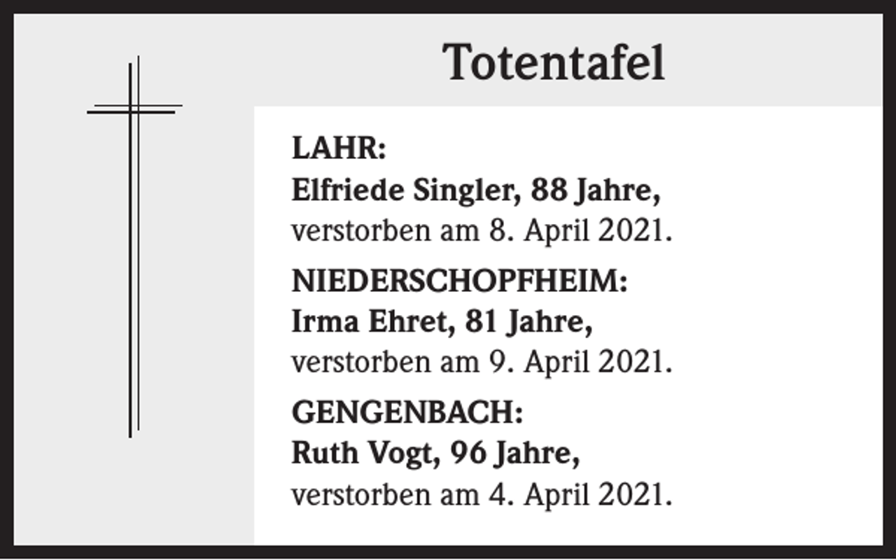 <p>Totentafel<br />LAHR:<br />Elfriede Singler, 88 Jahre,<br />verstorben am 8. April 2021.<br />NIEDERSCHOPFHEIM:<br />Irma Ehret, 81 Jahre,<br />verstorben am 9. April 2021.<br />GENGENBACH:<br />Ruth Vogt, 96 Jahre,<br />verstorben am 4. April 2021.</p>