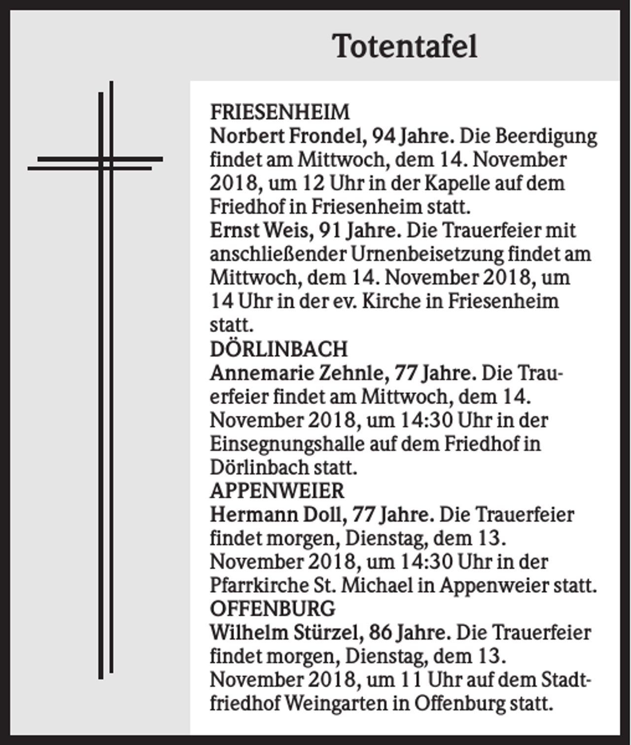 <p>Totentafel<br />FRIESENHEIM<br />Norbert Frondel, 94 Jahre. Die Beerdigung<br />findet am Mittwoch, dem 14. November<br />2018, um 12 Uhr in der Kapelle auf dem<br />Friedhof in Friesenheim statt.<br />Ernst Weis, 91 Jahre. Die Trauerfeier mit<br />anschließender Urnenbeisetzung findet am<br />Mittwoch, dem 14. November 2018, um<br />14 Uhr in der ev. Kirche in Friesenheim<br />statt.<br />DÖRLINBACH<br />Annemarie Zehnle, 77 Jahre. Die Trauerfeier findet am Mittwoch, dem 14.<br />November 2018, um 14:30 Uhr in der<br />Einsegnungshalle auf dem Friedhof in<br />Dörlinbach statt.<br />APPENWEIER<br />Hermann Doll, 77 Jahre. Die Trauerfeier<br />findet morgen, Dienstag, dem 13.<br />November 2018, um 14:30 Uhr in der<br />Pfarrkirche St. Michael in Appenweier statt.<br />OFFENBURG<br />Wilhelm Stürzel, 86 Jahre. Die Trauerfeier<br />findet morgen, Dienstag, dem 13.<br />November 2018, um 11 Uhr auf dem Stadtfriedhof Weingarten in Offenburg statt.</p>