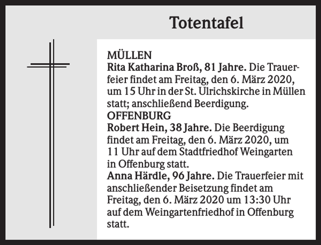 <p>Totentafel<br />MÜLLEN<br />Rita Katharina Broß, 81 Jahre. Die Trauerfeier findet am Freitag, den 6. März 2020,<br />um 15 Uhr in der St. Ulrichskirche in Müllen<br />statt; anschließend Beerdigung.<br />OFFENBURG<br />Robert Hein, 38 Jahre. Die Beerdigung<br />findet am Freitag, den 6. März 2020, um<br />11 Uhr auf dem Stadtfriedhof Weingarten<br />in Offenburg statt.<br />Anna Härdle, 96 Jahre. Die Trauerfeier mit<br />anschließender Beisetzung findet am<br />Freitag, den 6. März 2020 um 13:30 Uhr<br />auf dem Weingartenfriedhof in Offenburg<br />statt.</p>