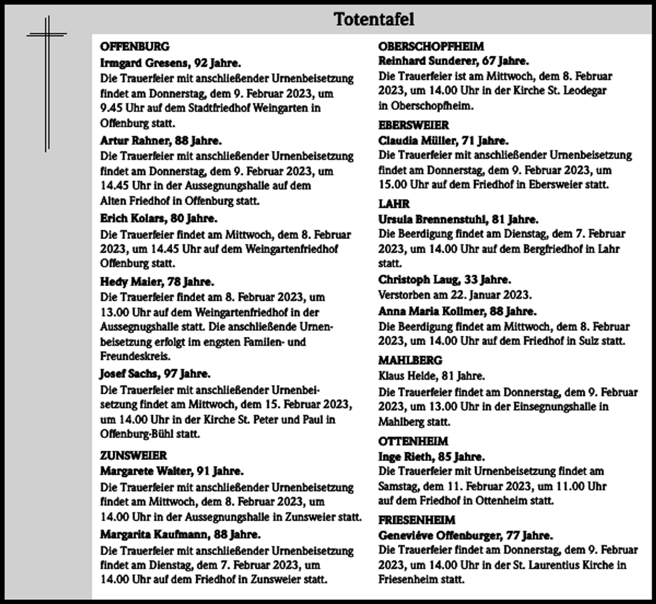 <p>Totentafel</p><p>Totentafel</p><p>OFFENBURG<br />Irmgard Gresens, 92 Jahre.<br />Die Trauerfeier mit anschließender Urnenbeisetzung<br />findet am Donnerstag, dem 9. Februar 2023, um<br />9.45 Uhr auf dem Stadtfriedhof Weingarten in<br />­Offenburg statt.<br />Artur Rahner, 88 Jahre.<br />Die Trauerfeier mit anschließender Urnenbeisetzung<br />findet am Donnerstag, dem 9. Februar 2023, um<br />14.45 Uhr in der Aussegnungshalle auf dem<br />Alten Friedhof in Offenburg statt.<br />Erich Kolars, 80 Jahre.<br />Die Trauerfeier findet am Mittwoch, dem 8. Februar<br />2023, um 14.45 Uhr auf dem Weingartenfriedhof<br />Offenburg statt.<br />Hedy Maier, 78 Jahre.<br />Die Trauerfeier findet am 8. Februar 2023, um<br />13.00 Uhr auf dem Weingartenfriedhof in der<br />Aussegnugshalle statt. Die anschließende Urnen­<br />beisetzung erfolgt im engsten Familen- und<br />­Freundeskreis.<br />Josef Sachs, 97 Jahre.<br />Die Trauerfeier mit anschließender Urnenbei­<br />setzung findet am Mittwoch, dem 15. Februar 2023,<br />um 14.00 Uhr in der Kirche St. Peter und Paul in<br />­Offenburg-Bühl statt.<br />ZUNSWEIER<br />Margarete Walter, 91 Jahre.<br />Die Trauerfeier mit anschließender Urnenbeisetzung<br />findet am Mittwoch, dem 8. Februar 2023, um<br />14.00 Uhr in der Aussegnungshalle in Zunsweier statt.<br />Margarita Kaufmann, 88 Jahre.<br />Die Trauerfeier mit anschließender Urnenbeisetzung<br />findet am Dienstag, dem 7. Februar 2023, um<br />14.00 Uhr auf dem Friedhof in Zunsweier statt.</p><p>OBERSCHOPFHEIM<br />Reinhard Sunderer, 67 Jahre.<br />Die Trauerfeier ist am Mittwoch, dem 8. Februar<br />2023, um 14.00 Uhr in der Kirche St. Leodegar<br />in Oberschopfheim.<br />EBERSWEIER<br />Claudia Müller, 71 Jahre.<br />Die Trauerfeier mit anschließender Urnenbeisetzung<br />findet am Donnerstag, dem 9. Februar 2023, um<br />15.00 Uhr auf dem Friedhof in Ebersweier statt.<br />LAHR<br />Ursula Brennenstuhl, 81 Jahre.<br />Die Beerdigung findet am Dienstag, dem 7. Februar<br />2023, um 14.00 Uhr auf dem Bergfriedhof in Lahr<br />statt.<br />Christoph Laug, 33 Jahre.<br />Verstorben am 22. Januar 2023.<br />Anna Maria Kollmer, 88 Jahre.<br />Die Beerdigung findet am Mittwoch, dem 8. Februar<br />2023, um 14.00 Uhr auf dem Friedhof in Sulz statt.<br />MAHLBERG<br />Klaus Helde, 81 Jahre.<br />Die Trauerfeier findet am Donnerstag, dem 9. Februar<br />2023, um 13.00 Uhr in der Einsegnungshalle in<br />­Mahlberg statt.<br />OTTENHEIM<br />Inge Rieth, 85 Jahre.<br />Die Trauerfeier mit Urnenbeisetzung findet am<br />Samstag, dem 11. Februar 2023, um 11.00 Uhr<br />auf dem Friedhof in Ottenheim statt.<br />FRIESENHEIM<br />Geneviéve Offenburger, 77 Jahre.<br />Die Trauerfeier findet am Donnerstag, dem 9. Februar<br />2023, um 14.00 Uhr in der St. Laurentius Kirche in<br />Friesenheim statt.</p>