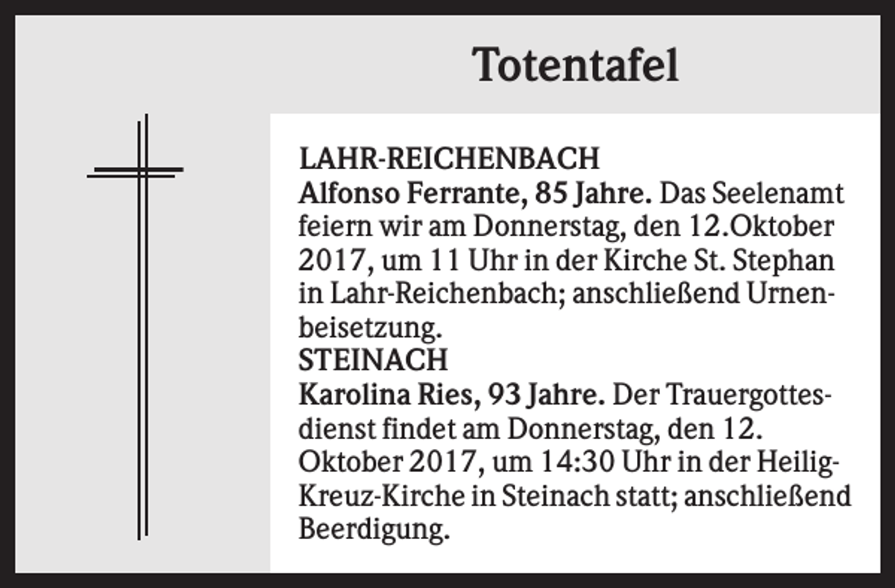 <p>Totentafel<br />LAHR-REICHENBACH<br />Alfonso Ferrante, 85 Jahre. Das Seelenamt<br />feiern wir am Donnerstag, den 12.Oktober<br />2017, um 11 Uhr in der Kirche St. Stephan<br />in Lahr-Reichenbach; anschließend Urnenbeisetzung.<br />STEINACH<br />Karolina Ries, 93 Jahre. Der Trauergottesdienst findet am Donnerstag, den 12.<br />Oktober 2017, um 14:30 Uhr in der HeiligKreuz-Kirche in Steinach statt; anschließend<br />Beerdigung.</p>