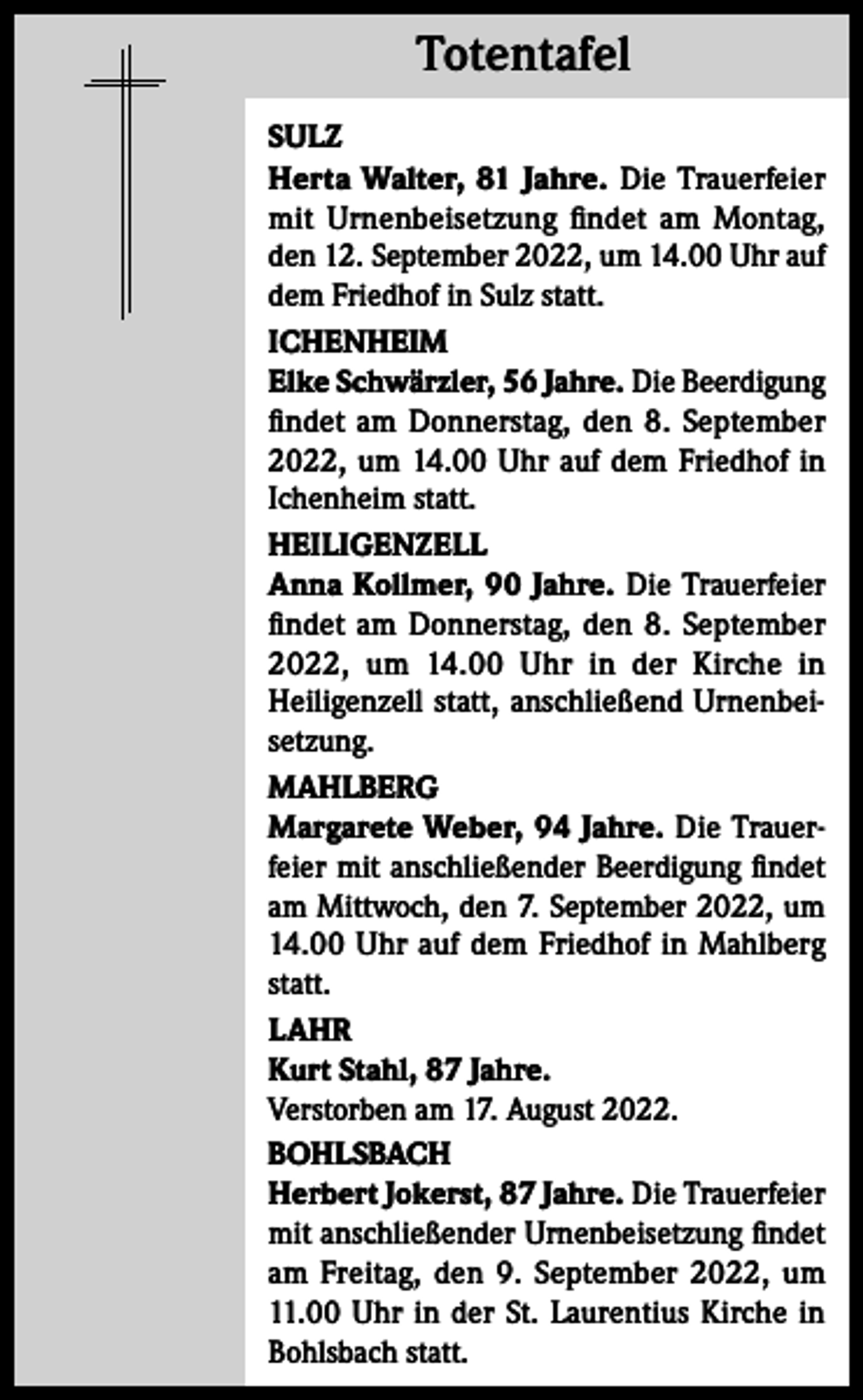 <p>Totentafel<br />Totentafel<br />SULZ<br />Herta Walter, 81 Jahre. Die Trauerfeier<br />mit Urnenbeisetzung findet am Montag,<br />den 12. September 2022, um 14.00 Uhr auf<br />dem Friedhof in Sulz statt.<br />ICHENHEIM<br />Elke Schwärzler, 56 Jahre. Die Beerdigung<br />findet am Donnerstag, den 8. September<br />2022, um 14.00 Uhr auf dem Friedhof in<br />Ichenheim statt.<br />HEILIGENZELL<br />Anna Kollmer, 90 Jahre. Die Trauerfeier<br />findet am Donnerstag, den 8. September<br />2022, um 14.00 Uhr in der Kirche in<br />Heiligenzell statt, anschließend Urnenbeisetzung.<br />MAHLBERG<br />Margarete Weber, 94 Jahre. Die Trauerfeier mit anschließender Beerdigung findet<br />am Mittwoch, den 7. September 2022, um<br />14.00 Uhr auf dem Friedhof in Mahlberg<br />statt.<br />LAHR<br />Kurt Stahl, 87 Jahre.<br />Verstorben am 17. August 2022.<br />BOHLSBACH<br />Herbert Jokerst, 87 Jahre. Die Trauerfeier<br />mit anschließender Urnenbeisetzung findet<br />am Freitag, den 9. September 2022, um<br />11.00 Uhr in der St. Laurentius Kirche in<br />Bohlsbach statt.</p>