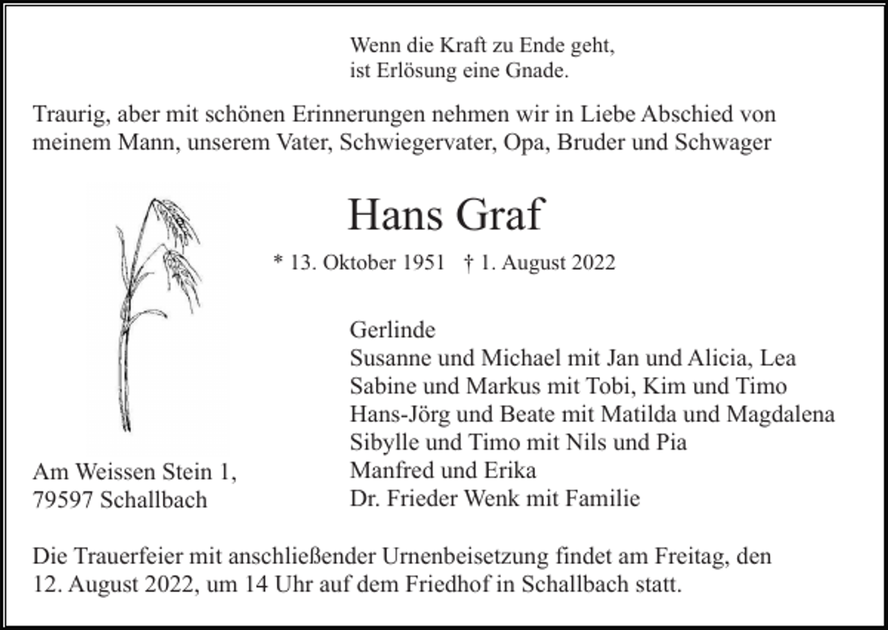 <p>Wenn die Kraft zu Ende geht,<br />ist Erlösung eine Gnade.</p><p>Traurig, aber mit schönen Erinnerungen nehmen wir in Liebe Abschied von<br />meinem Mann, unserem Vater, Schwiegervater, Opa, Bruder und Schwager</p><p>Hans Graf<br />* 13. Oktober 1951 † 1. August 2022</p><p>Am Weissen Stein 1,<br />79597 Schallbach</p><p>Gerlinde<br />Susanne und Michael mit Jan und Alicia, Lea<br />Sabine und Markus mit Tobi, Kim und Timo<br />Hans-Jörg und Beate mit Matilda und Magdalena<br />Sibylle und Timo mit Nils und Pia<br />Manfred und Erika<br />Dr. Frieder Wenk mit Familie</p><p>Die Trauerfeier mit anschließender Urnenbeisetzung findet am Freitag, den<br />12. August 2022, um 14 Uhr auf dem Friedhof in Schallbach statt.</p>