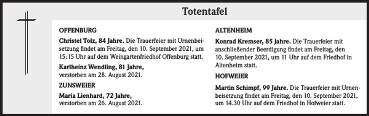 <p>Totentafel<br />OFFENBURG</p><p>ALTENHEIM</p><p>Christel Tolz, 84 Jahre. Die Trauerfeier mit Urnenbeisetzung findet am Freitag, den 10. September 2021, um<br />15:15 Uhr auf dem Weingartenfriedhof Offenburg statt.</p><p>Konrad Kremser, 85 Jahre. Die Trauerfeier mit<br />anschließender Beerdigung findet am Freitag, den<br />10. September 2021, um 11 Uhr auf dem Friedhof in<br />Altenheim statt.</p><p>Karlheinz Wendling, 81 Jahre,<br />verstorben am 28. August 2021.<br />ZUNSWEIER<br />Maria Lienhard, 72 Jahre,<br />verstorben am 26. August 2021.</p><p>HOFWEIER<br />Martin Schimpf, 99 Jahre. Die Trauerfeier mit Urnenbeisetzung findet am Freitag, den 10. September 2021,<br />um 14.30 Uhr auf dem Friedhof in Hofweier statt.</p>