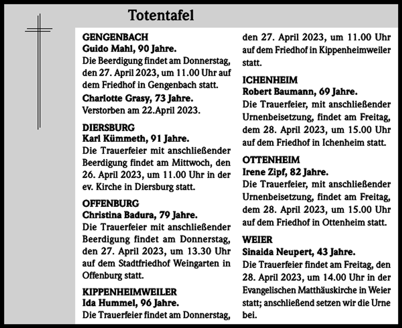 <p>Totentafel<br />Totentafel<br />GENGENBACH<br />Guido Mahl, 90 Jahre.<br />Die Beerdigung findet am Donnerstag,<br />den 27. April 2023, um 11.00 Uhr auf<br />dem Friedhof in Gengenbach statt.<br />Charlotte Grasy, 73 Jahre.<br />Verstorben am 22.April 2023.<br />DIERSBURG<br />Karl Kümmeth, 91 Jahre.<br />Die Trauerfeier mit anschließender<br />Beerdigung findet am Mittwoch, den<br />26. April 2023, um 11.00 Uhr in der<br />ev. Kirche in Diersburg statt.<br />OFFENBURG<br />Christina Badura, 79 Jahre.<br />Die Trauerfeier mit anschließender<br />Beerdigung findet am Donnerstag,<br />den 27. April 2023, um 13.30 Uhr<br />auf dem Stadtfriedhof Weingarten in<br />Offenburg statt.<br />KIPPENHEIMWEILER<br />Ida Hummel, 96 Jahre.<br />Die Trauerfeier findet am Donnerstag,</p><p>den 27. April 2023, um 11.00 Uhr<br />auf dem Friedhof in Kippenheimweiler<br />statt.<br />ICHENHEIM<br />Robert Baumann, 69 Jahre.<br />Die Trauerfeier, mit anschließender<br />Urnenbeisetzung, findet am Freitag,<br />dem 28. April 2023, um 15.00 Uhr<br />auf dem Friedhof in Ichenheim statt.<br />OTTENHEIM<br />Irene Zipf, 82 Jahre.<br />Die Trauerfeier, mit anschließender<br />Urnenbeisetzung, findet am Freitag,<br />dem 28. April 2023, um 15.00 Uhr<br />auf dem Friedhof in Ottenheim statt.<br />WEIER<br />Sinaida Neupert, 43 Jahre.<br />Die Trauerfeier findet am Freitag, den<br />28. April 2023, um 14.00 Uhr in der<br />Evangelischen Matthäuskirche in Weier<br />statt; anschließend setzen wir die Urne<br />bei.</p>