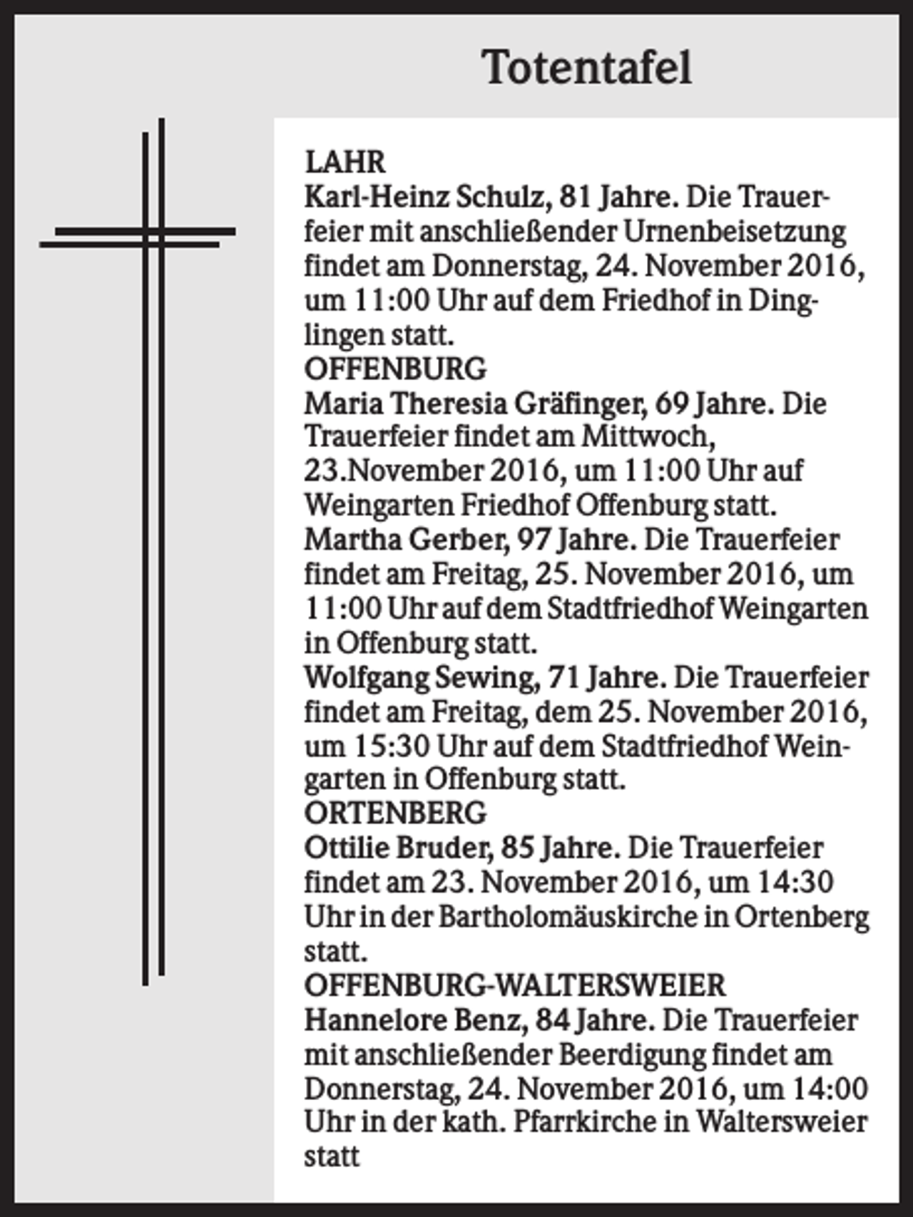 <p>Totentafel<br />LAHR<br />Karl-Heinz Schulz, 81 Jahre. Die Trauerfeier mit anschließender Urnenbeisetzung<br />findet am Donnerstag, 24. November 2016,<br />um 11:00 Uhr auf dem Friedhof in Dinglingen statt.<br />OFFENBURG<br />Maria Theresia Gräfinger, 69 Jahre. Die<br />Trauerfeier findet am Mittwoch,<br />23.November 2016, um 11:00 Uhr auf<br />Weingarten Friedhof Offenburg statt.<br />Martha Gerber, 97 Jahre. Die Trauerfeier<br />findet am Freitag, 25. November 2016, um<br />11:00 Uhr auf dem Stadtfriedhof Weingarten<br />in Offenburg statt.<br />Wolfgang Sewing, 71 Jahre. Die Trauerfeier<br />findet am Freitag, dem 25. November 2016,<br />um 15:30 Uhr auf dem Stadtfriedhof Weingarten in Offenburg statt.<br />ORTENBERG<br />Ottilie Bruder, 85 Jahre. Die Trauerfeier<br />findet am 23. November 2016, um 14:30<br />Uhr in der Bartholomäuskirche in Ortenberg<br />statt.<br />OFFENBURG-WALTERSWEIER<br />Hannelore Benz, 84 Jahre. Die Trauerfeier<br />mit anschließender Beerdigung findet am<br />Donnerstag, 24. November 2016, um 14:00<br />Uhr in der kath. Pfarrkirche in Waltersweier<br />statt</p>