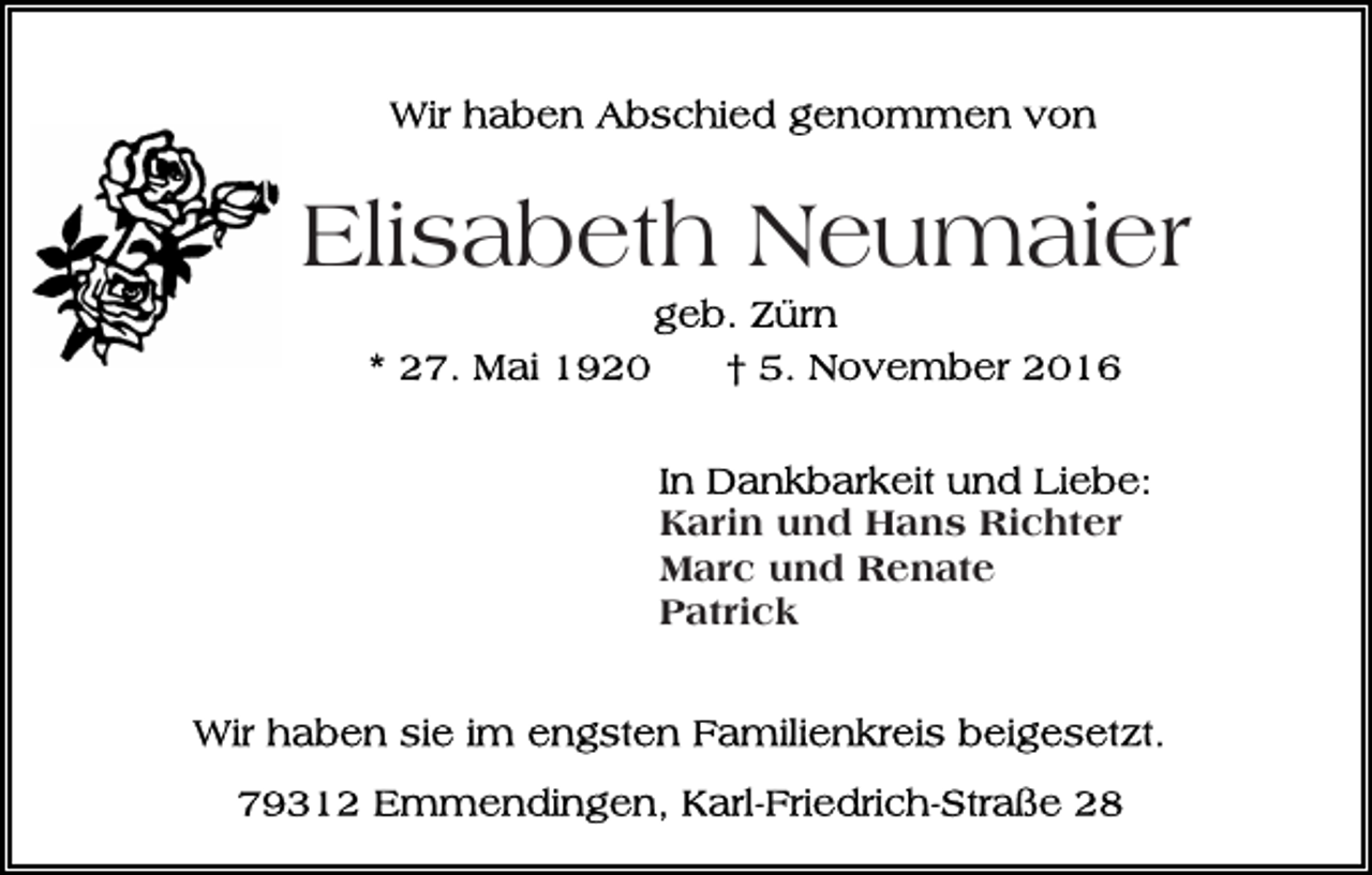 <p>Elisabeth Neumaier<br />Karin und Hans Richter<br />Marc und Renate<br />Patrick</p>