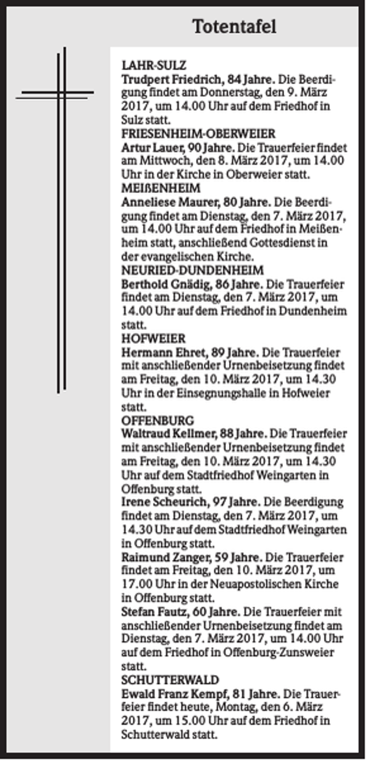 <p>Totentafel<br />LAHR-SULZ<br />Trudpert Friedrich, 84 Jahre. Die Beerdigung findet am Donnerstag, den 9. März<br />2017, um 14.00 Uhr auf dem Friedhof in<br />Sulz statt.<br />FRIESENHEIM-OBERWEIER<br />Artur Lauer, 90 Jahre. Die Trauerfeier findet<br />am Mittwoch, den 8. März 2017, um 14.00<br />Uhr in der Kirche in Oberweier statt.<br />MEIßENHEIM<br />Anneliese Maurer, 80 Jahre. Die Beerdigung findet am Dienstag, den 7. März 2017,<br />um 14.00 Uhr auf dem Friedhof in Meißenheim statt, anschließend Gottesdienst in<br />der evangelischen Kirche.<br />NEURIED-DUNDENHEIM<br />Berthold Gnädig, 86 Jahre. Die Trauerfeier<br />findet am Dienstag, den 7. März 2017, um<br />14.00 Uhr auf dem Friedhof in Dundenheim<br />statt.<br />HOFWEIER<br />Hermann Ehret, 89 Jahre. Die Trauerfeier<br />mit anschließender Urnenbeisetzung findet<br />am Freitag, den 10. März 2017, um 14.30<br />Uhr in der Einsegnungshalle in Hofweier<br />statt.<br />OFFENBURG<br />Waltraud Kellmer, 88 Jahre. Die Trauerfeier<br />mit anschließender Urnenbeisetzung findet<br />am Freitag, den 10. März 2017, um 14.30<br />Uhr auf dem Stadtfriedhof Weingarten in<br />Offenburg statt.<br />Irene Scheurich, 97 Jahre. Die Beerdigung<br />findet am Dienstag, den 7. März 2017, um<br />14.30 Uhr auf dem Stadtfriedhof Weingarten<br />in Offenburg statt.<br />Raimund Zanger, 59 Jahre. Die Trauerfeier<br />findet am Freitag, den 10. März 2017, um<br />17.00 Uhr in der Neuapostolischen Kirche<br />in Offenburg statt.<br />Stefan Fautz, 60 Jahre. Die Trauerfeier mit<br />anschließender Urnenbeisetzung findet am<br />Dienstag, den 7. März 2017, um 14.00 Uhr<br />auf dem Friedhof in Offenburg-Zunsweier<br />statt.<br />SCHUTTERWALD<br />Ewald Franz Kempf, 81 Jahre. Die Trauerfeier findet heute, Montag, den 6. März<br />2017, um 15.00 Uhr auf dem Friedhof in<br />Schutterwald statt.</p>
