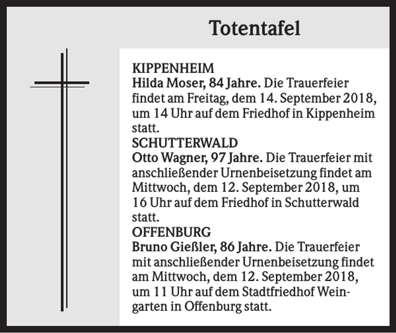 <p>Totentafel<br />KIPPENHEIM<br />Hilda Moser, 84 Jahre. Die Trauerfeier<br />findet am Freitag, dem 14. September 2018,<br />um 14 Uhr auf dem Friedhof in Kippenheim<br />statt.<br />SCHUTTERWALD<br />Otto Wagner, 97 Jahre. Die Trauerfeier mit<br />anschließender Urnenbeisetzung findet am<br />Mittwoch, dem 12. September 2018, um<br />16 Uhr auf dem Friedhof in Schutterwald<br />statt.<br />OFFENBURG<br />Bruno Gießler, 86 Jahre. Die Trauerfeier<br />mit anschließender Urnenbeisetzung findet<br />am Mittwoch, dem 12. September 2018,<br />um 11 Uhr auf dem Stadtfriedhof Weingarten in Offenburg statt.</p>