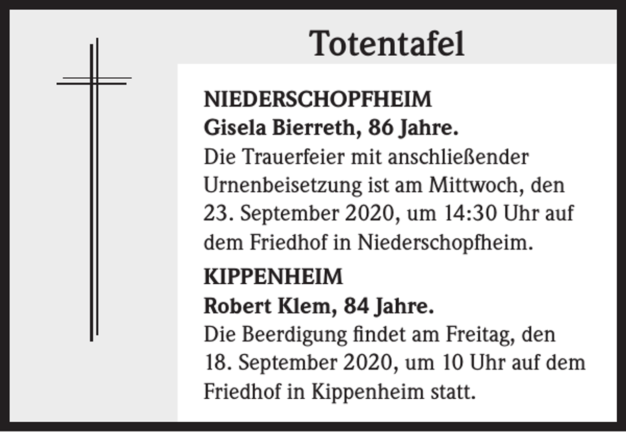 <p>Totentafel<br />NIEDERSCHOPFHEIM<br />Gisela Bierreth, 86 Jahre.<br />Die Trauerfeier mit anschließender<br />Urnenbeisetzung ist am Mittwoch, den<br />23. September 2020, um 14:30 Uhr auf<br />dem Friedhof in Niederschopfheim.<br />KIPPENHEIM<br />Robert Klem, 84 Jahre.<br />Die Beerdigung findet am Freitag, den<br />18. September 2020, um 10 Uhr auf dem<br />Friedhof in Kippenheim statt.</p>