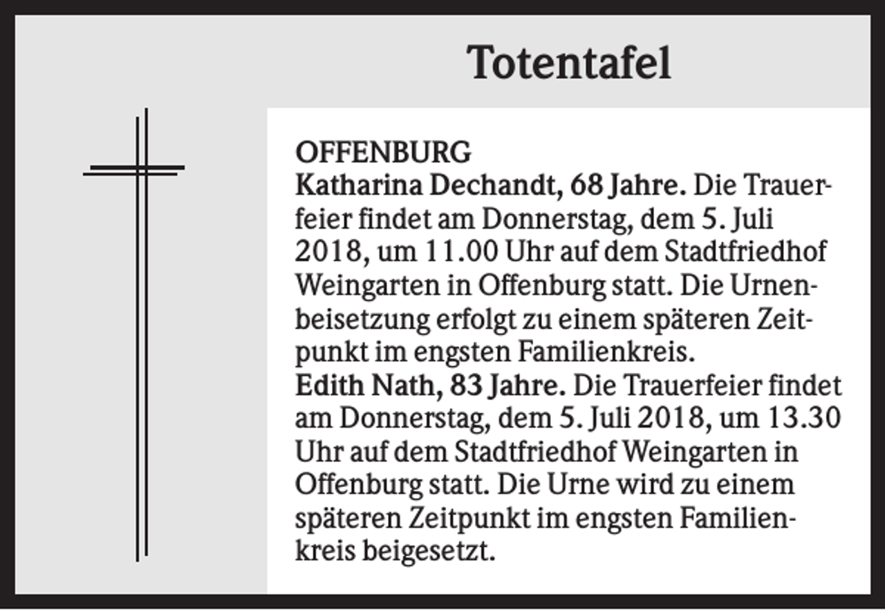 <p>Totentafel<br />OFFENBURG<br />Katharina Dechandt, 68 Jahre. Die Trauerfeier findet am Donnerstag, dem 5. Juli<br />2018, um 11.00 Uhr auf dem Stadtfriedhof<br />Weingarten in Offenburg statt. Die Urnenbeisetzung erfolgt zu einem späteren Zeitpunkt im engsten Familienkreis.<br />Edith Nath, 83 Jahre. Die Trauerfeier findet<br />am Donnerstag, dem 5. Juli 2018, um 13.30<br />Uhr auf dem Stadtfriedhof Weingarten in<br />Offenburg statt. Die Urne wird zu einem<br />späteren Zeitpunkt im engsten Familienkreis beigesetzt.</p>