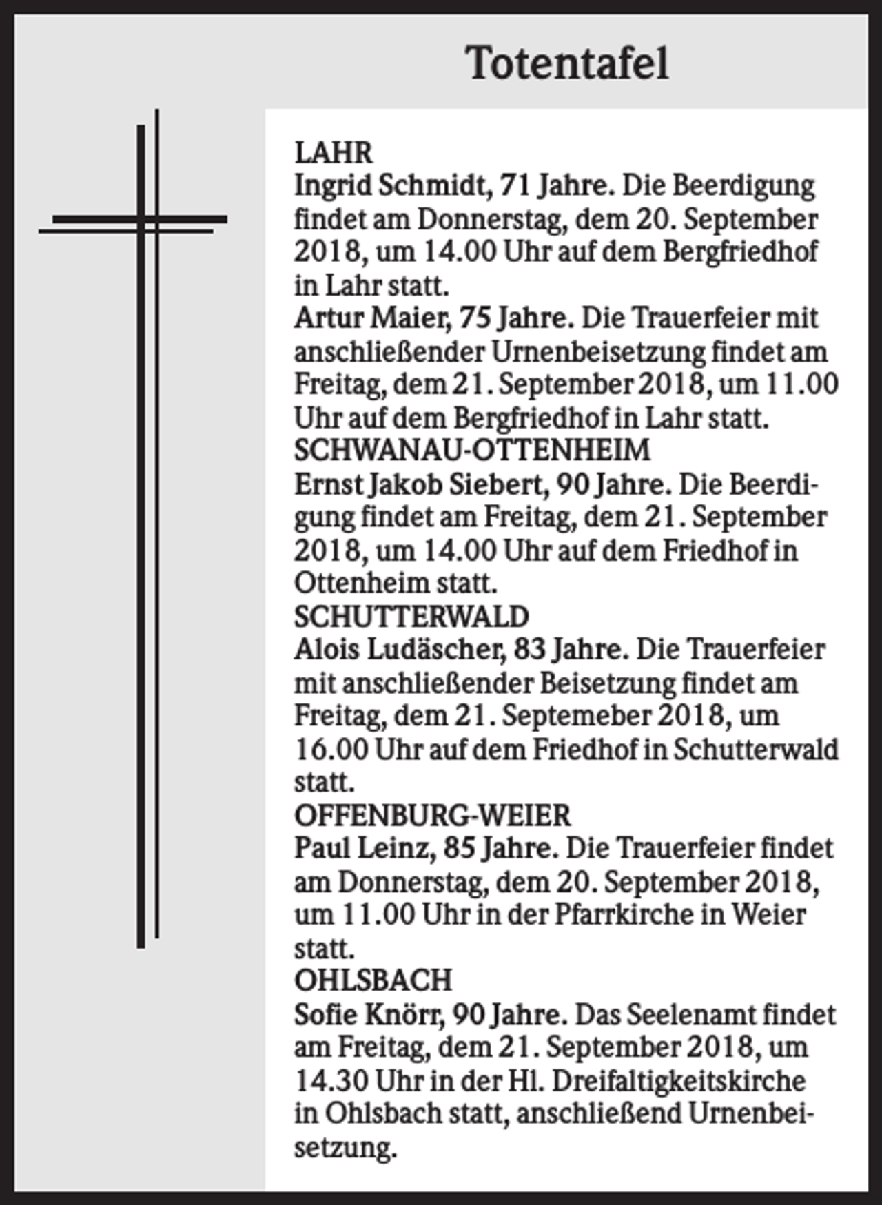 <p>Totentafel<br />LAHR<br />Ingrid Schmidt, 71 Jahre. Die Beerdigung<br />findet am Donnerstag, dem 20. September<br />2018, um 14.00 Uhr auf dem Bergfriedhof<br />in Lahr statt.<br />Artur Maier, 75 Jahre. Die Trauerfeier mit<br />anschließender Urnenbeisetzung findet am<br />Freitag, dem 21. September 2018, um 11.00<br />Uhr auf dem Bergfriedhof in Lahr statt.<br />SCHWANAU-OTTENHEIM<br />Ernst Jakob Siebert, 90 Jahre. Die Beerdigung findet am Freitag, dem 21. September<br />2018, um 14.00 Uhr auf dem Friedhof in<br />Ottenheim statt.<br />SCHUTTERWALD<br />Alois Ludäscher, 83 Jahre. Die Trauerfeier<br />mit anschließender Beisetzung findet am<br />Freitag, dem 21. Septemeber 2018, um<br />16.00 Uhr auf dem Friedhof in Schutterwald<br />statt.<br />OFFENBURG-WEIER<br />Paul Leinz, 85 Jahre. Die Trauerfeier findet<br />am Donnerstag, dem 20. September 2018,<br />um 11.00 Uhr in der Pfarrkirche in Weier<br />statt.<br />OHLSBACH<br />Sofie Knörr, 90 Jahre. Das Seelenamt findet<br />am Freitag, dem 21. September 2018, um<br />14.30 Uhr in der Hl. Dreifaltigkeitskirche<br />in Ohlsbach statt, anschließend Urnenbeisetzung.</p>