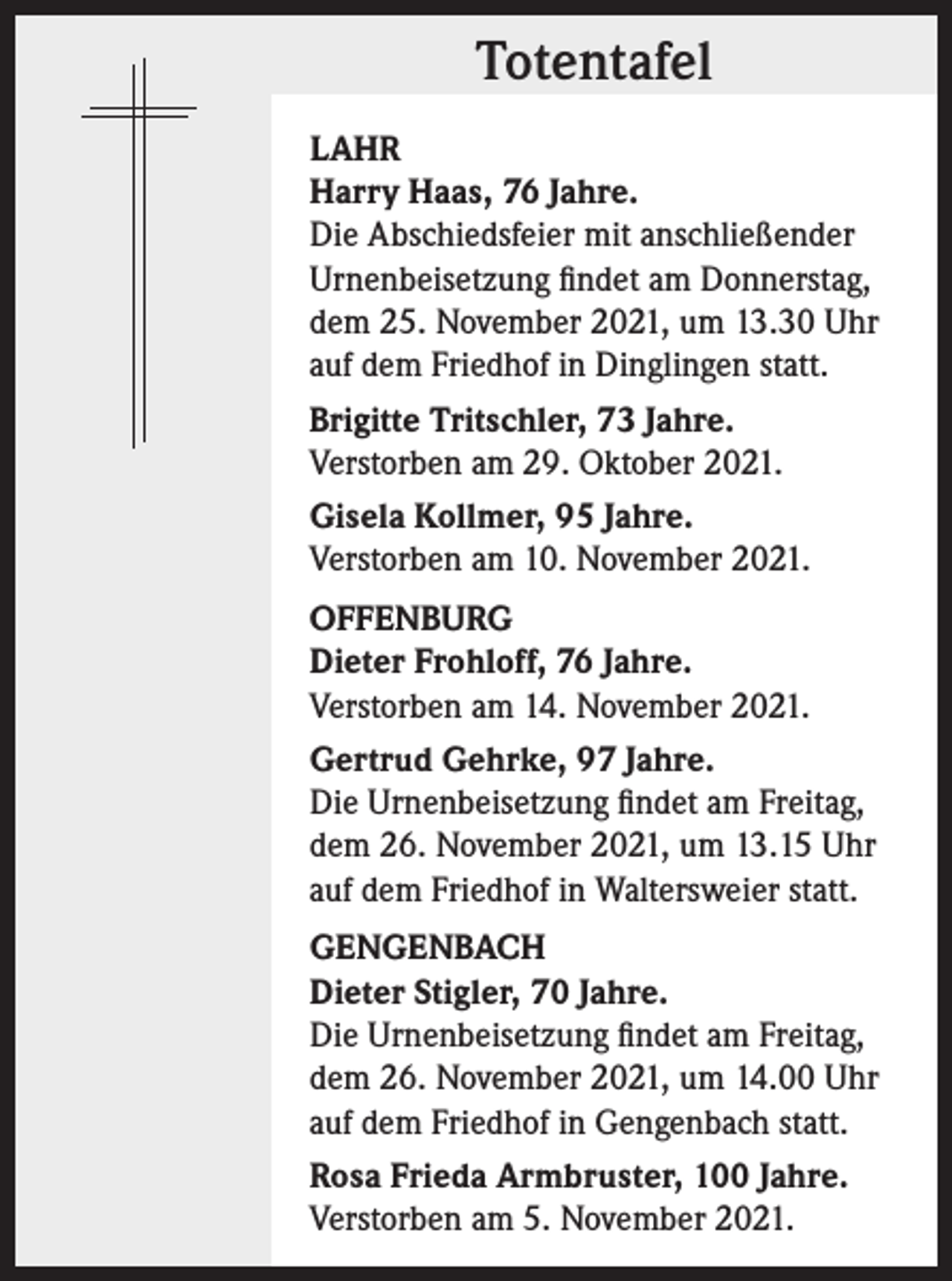 <p>Totentafel<br />LAHR<br />Harry Haas, 76 Jahre.<br />Die Abschiedsfeier mit anschließender<br />Urnenbeisetzung findet am Donnerstag,<br />dem 25. November 2021, um 13.30 Uhr<br />auf dem Friedhof in Dinglingen statt.<br />Brigitte Tritschler, 73 Jahre.<br />Verstorben am 29. Oktober 2021.<br />Gisela Kollmer, 95 Jahre.<br />Verstorben am 10. November 2021.<br />OFFENBURG<br />Dieter Frohloff, 76 Jahre.<br />Verstorben am 14. November 2021.<br />Gertrud Gehrke, 97 Jahre.<br />Die Urnenbeisetzung findet am Freitag,<br />dem 26. November 2021, um 13.15 Uhr<br />auf dem Friedhof in Waltersweier statt.<br />GENGENBACH<br />Dieter Stigler, 70 Jahre.<br />Die Urnenbeisetzung findet am Freitag,<br />dem 26. November 2021, um 14.00 Uhr<br />auf dem Friedhof in Gengenbach statt.<br />Rosa Frieda Armbruster, 100 Jahre.<br />Verstorben am 5. November 2021.</p>
