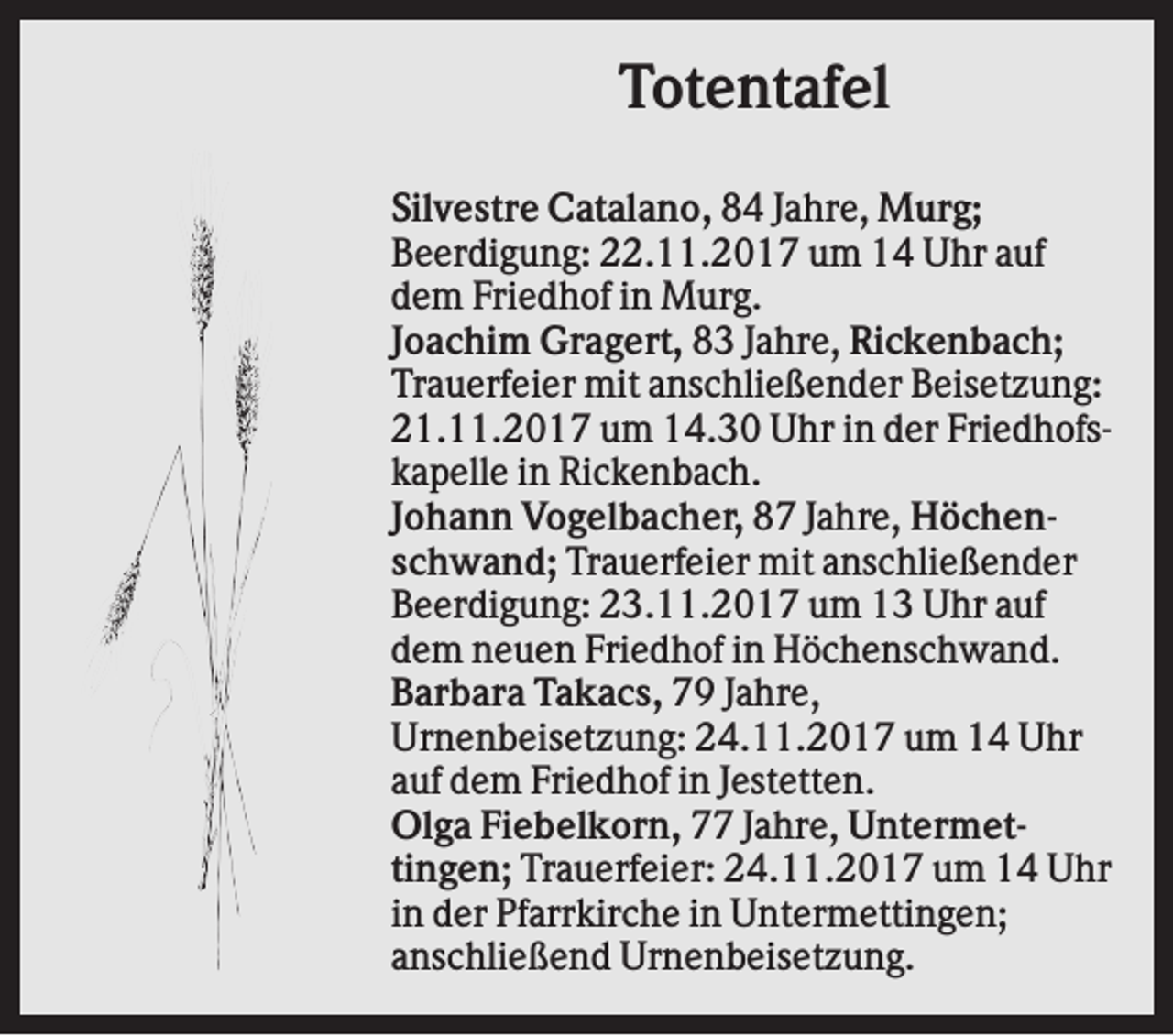 <p>Totentafel<br />Silvestre Catalano, 84 Jahre, Murg;<br />Beerdigung: 22.11.2017 um 14 Uhr auf<br />dem Friedhof in Murg.<br />Joachim Gragert, 83 Jahre, Rickenbach;<br />Trauerfeier mit anschließender Beisetzung:<br />21.11.2017 um 14.30 Uhr in der Friedhofskapelle in Rickenbach.<br />Johann Vogelbacher, 87 Jahre, Höchenschwand; Trauerfeier mit anschließender<br />Beerdigung: 23.11.2017 um 13 Uhr auf<br />dem neuen Friedhof in Höchenschwand.<br />Barbara Takacs, 79 Jahre,<br />Urnenbeisetzung: 24.11.2017 um 14 Uhr<br />auf dem Friedhof in Jestetten.<br />Olga Fiebelkorn, 77 Jahre, Untermettingen; Trauerfeier: 24.11.2017 um 14 Uhr<br />in der Pfarrkirche in Untermettingen;<br />anschließend Urnenbeisetzung.</p>