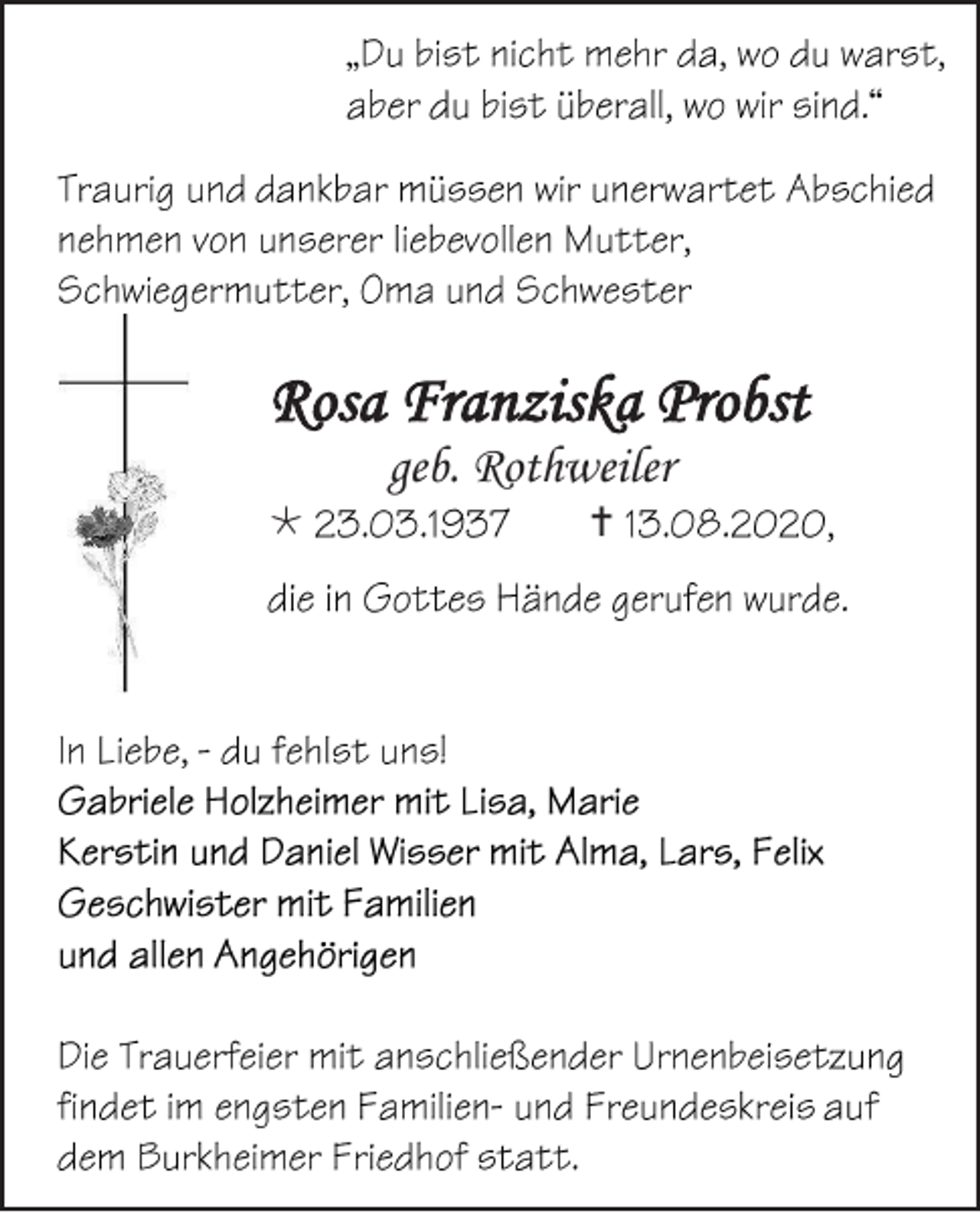 <p>Rosa Franziska Probst<br />geb. Rothweiler<br /></p><p></p>