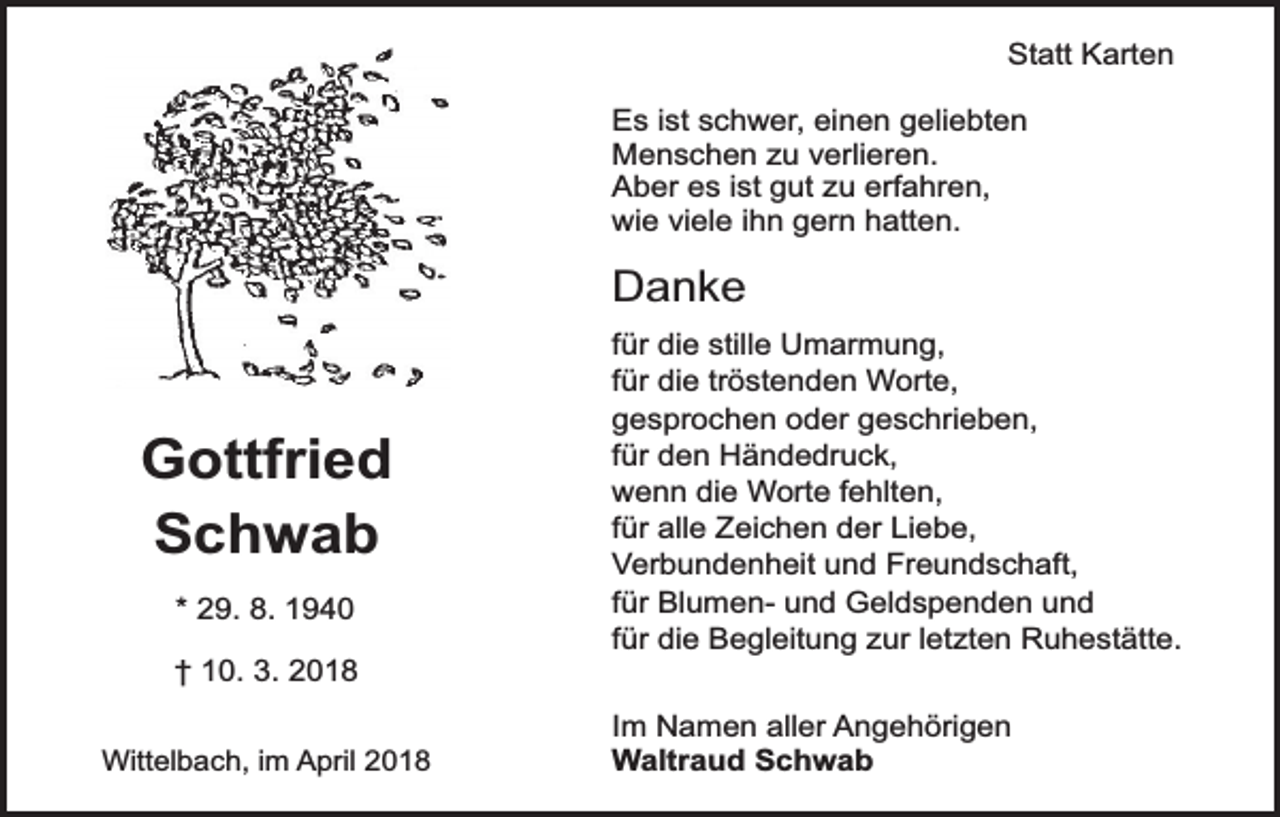 <p>Statt Karten<br />Es ist schwer, einen geliebten<br />Menschen zu verlieren.<br />Aber es ist gut zu erfahren,<br />wie viele ihn gern hatten.</p><p>Danke</p><p>Gottfried<br />Schwab<br />* 29. 8. 1940<br />† 10. 3. 2018<br />Wittelbach, im April 2018</p><p>für die stille Umarmung,<br />für die tröstenden Worte,<br />gesprochen oder geschrieben,<br />für den Händedruck,<br />wenn die Worte fehlten,<br />für alle Zeichen der Liebe,<br />Verbundenheit und Freundschaft,<br />für Blumen- und Geldspenden und<br />für die Begleitung zur letzten Ruhestätte.<br />Im Namen aller Angehörigen<br />Waltraud Schwab</p>