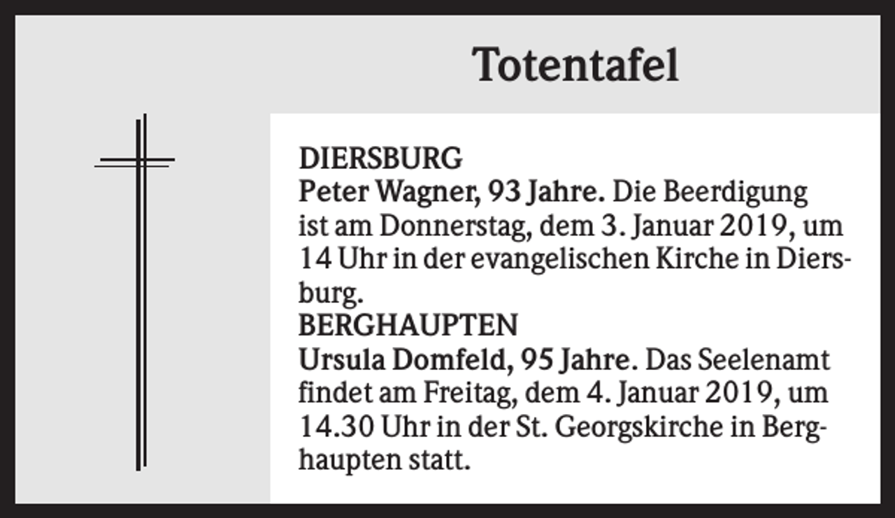 <p>Totentafel<br />DIERSBURG<br />Peter Wagner, 93 Jahre. Die Beerdigung<br />ist am Donnerstag, dem 3. Januar 2019, um<br />14 Uhr in der evangelischen Kirche in Diersburg.<br />BERGHAUPTEN<br />Ursula Domfeld, 95 Jahre. Das Seelenamt<br />findet am Freitag, dem 4. Januar 2019, um<br />14.30 Uhr in der St. Georgskirche in Berghaupten statt.</p>